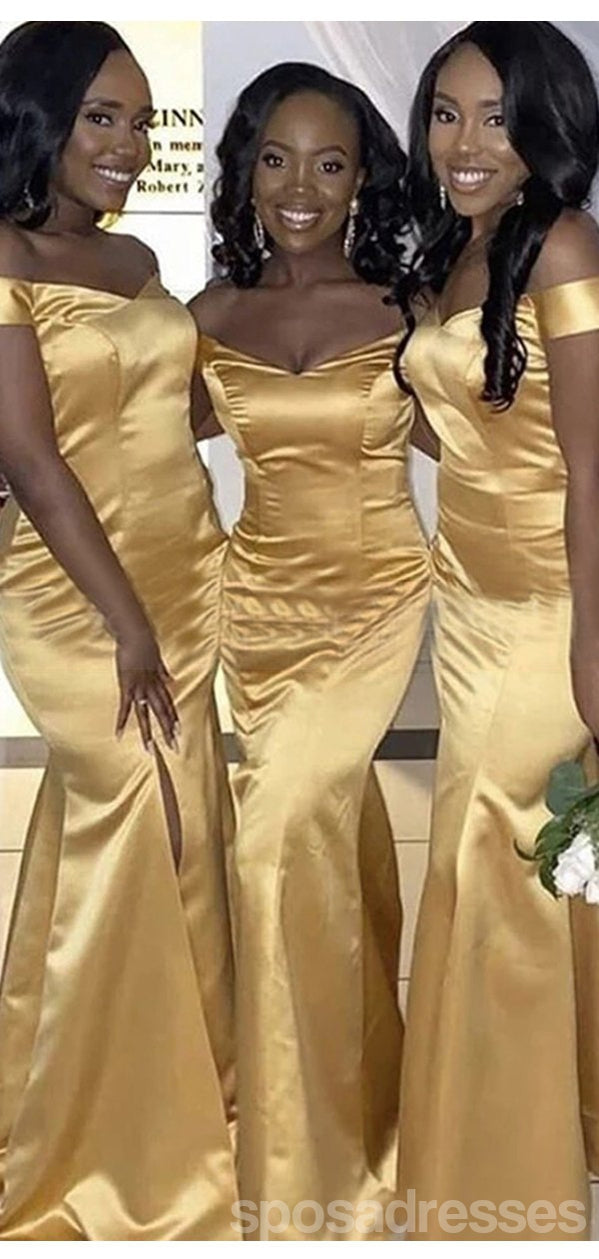 Elegant Gold Mermaid Off-Shoulder Bridesmaid Dress with Long Train - Formal Evening Gown for Weddings, Prom & Special Occasions - WG1135