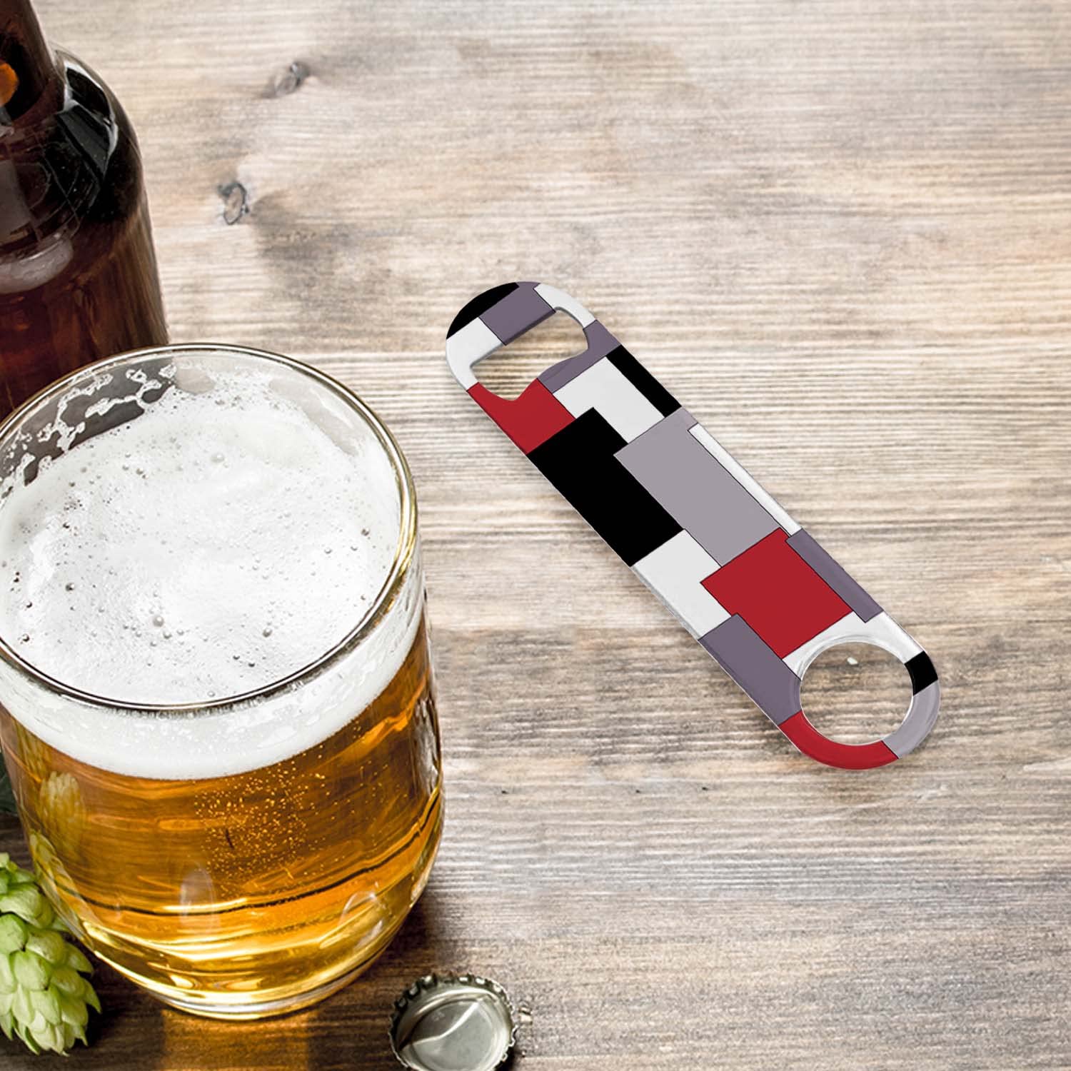 Heavy Duty Stainless Steel Flat Bottle Opener - 7 Inch Bartender Tool with Red & Black Geometric Pattern - Perfect for Bars, Home Use, and Outdoor Parties