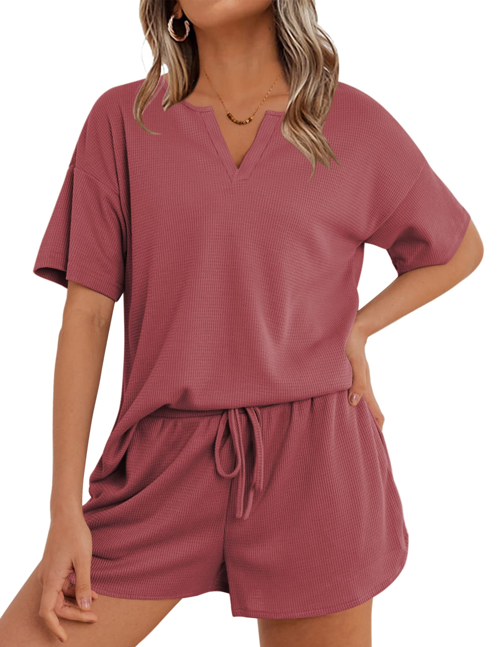 Ekouaer Women's Waffle Knit Lounge Set - 2 Piece Short Sleeve Top & Shorts Pajama Set, Soft Tracksuit for Home, Sleep & Relaxation | Comfortable Sweatsuit for Women