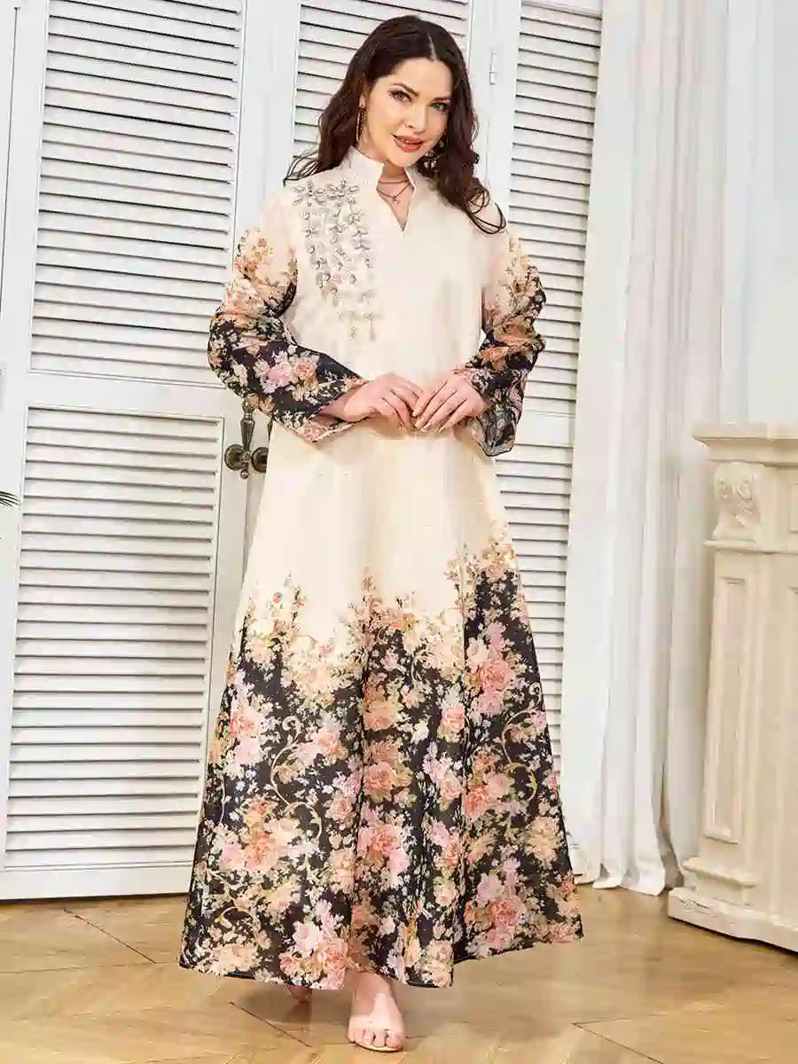 Elegant Hotfix Rhinestones Printed Caftan Kaftan Dress for Women - Eid Party, Wedding, Special Occasions #25374