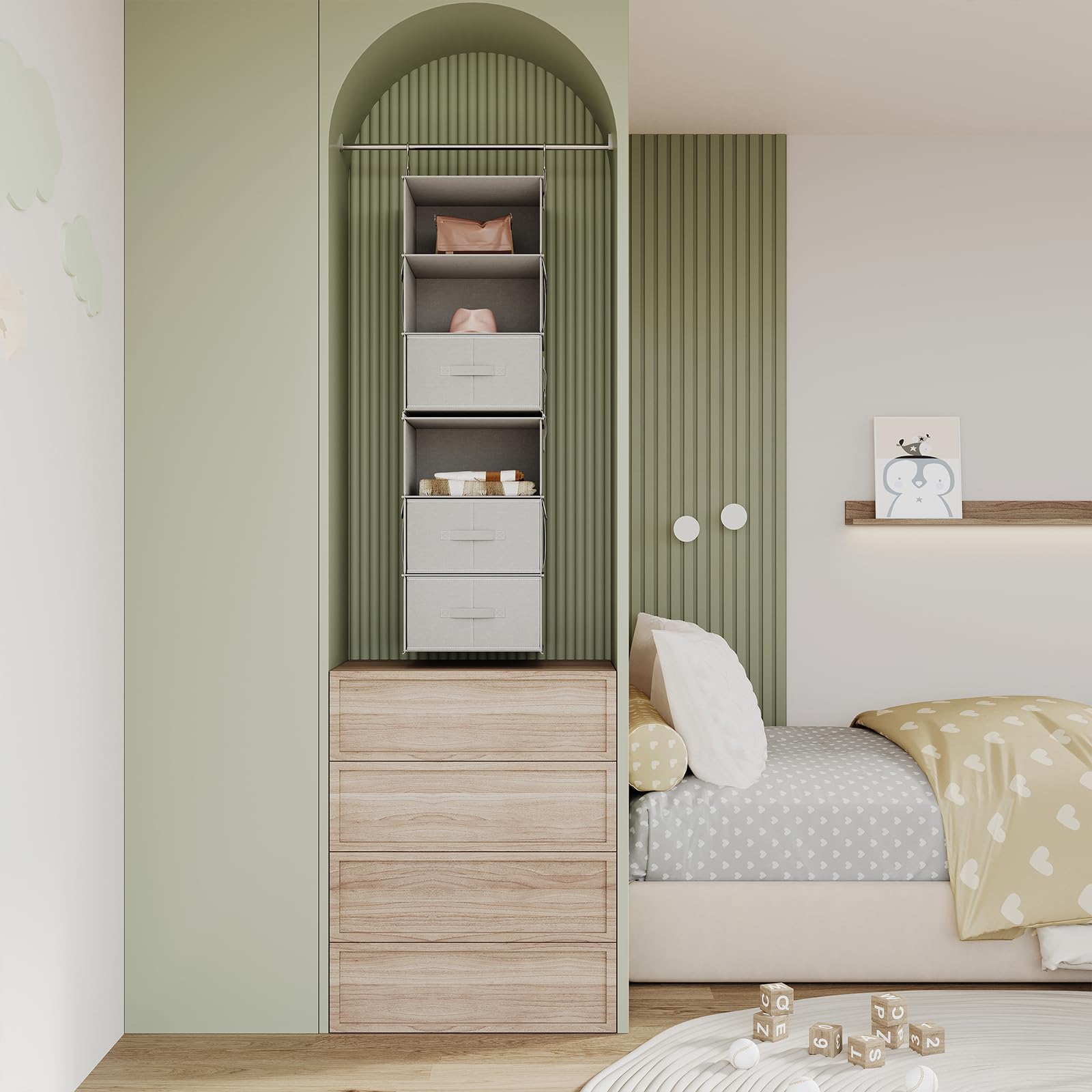 Vailando 6-Shelf Hanging Closet Organizer - 2 Separable 3-Tier Hanging Shelves with 3 Drawers for Wardrobe, Nursery & Baby Clothes Storage | Space-Saving Closet Solution for Bedroom, Kids Room & Small Spaces