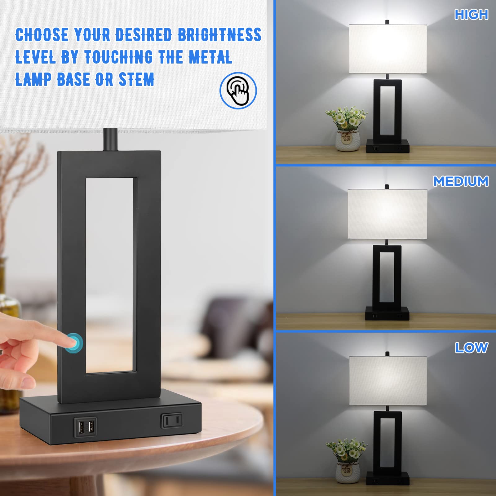 Set of 2 Modern Touch Control Table Lamps with 2 USB Ports - 22’’ Large Bedside Nightstand Lamps, 3-Way Dimmable Desk Lamp with White Fabric Shade - Perfect for Bedrooms, Living Rooms & Reading - Includes 2 LED Bulbs - Ideal for Home Office, Dorm Room & Nighttime Reading