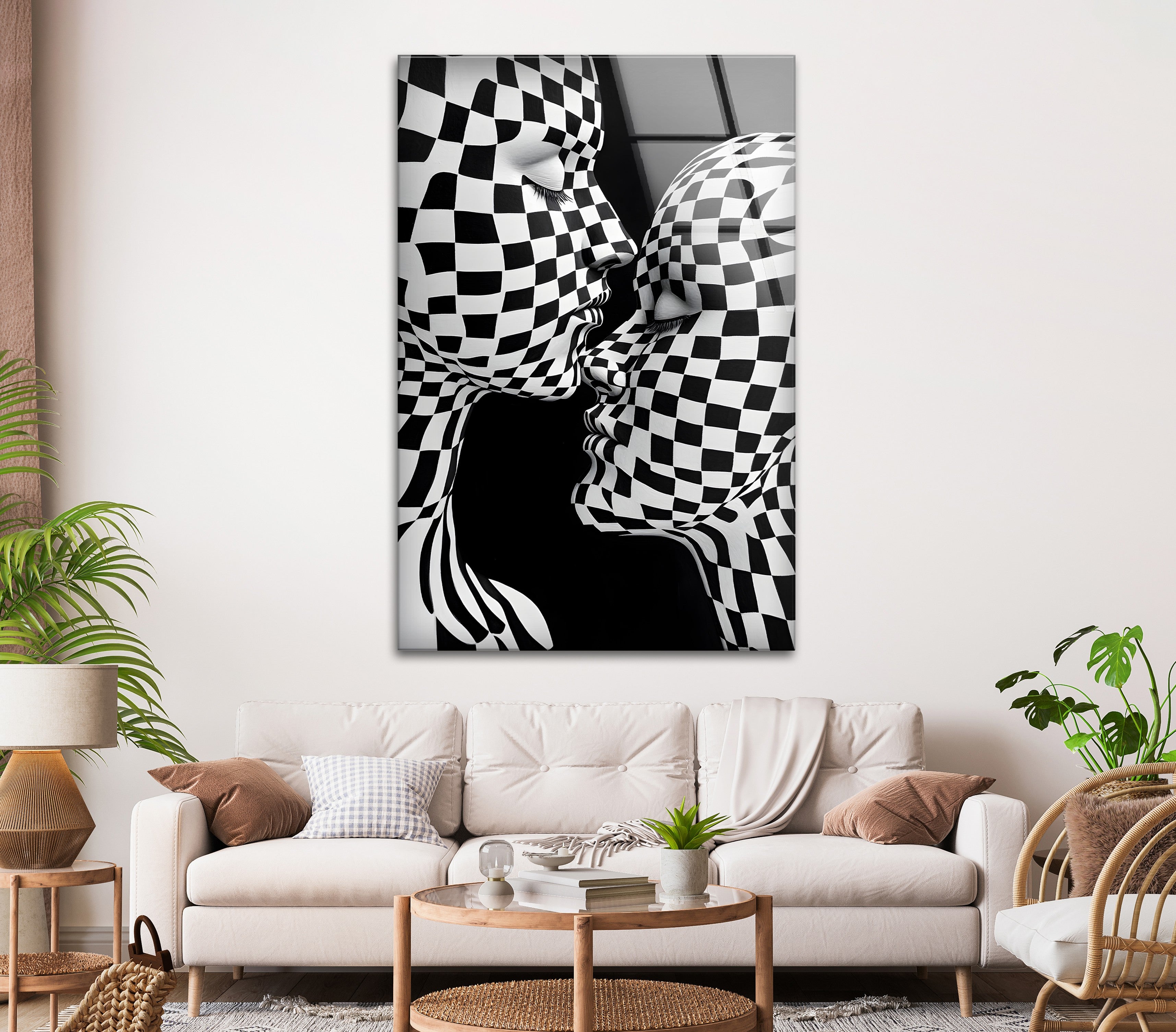 Black and White Kiss Wall Art - Modern Checkered Glass Decor for Living Room, Bedroom & Office - Perfect for Home & Office Décor