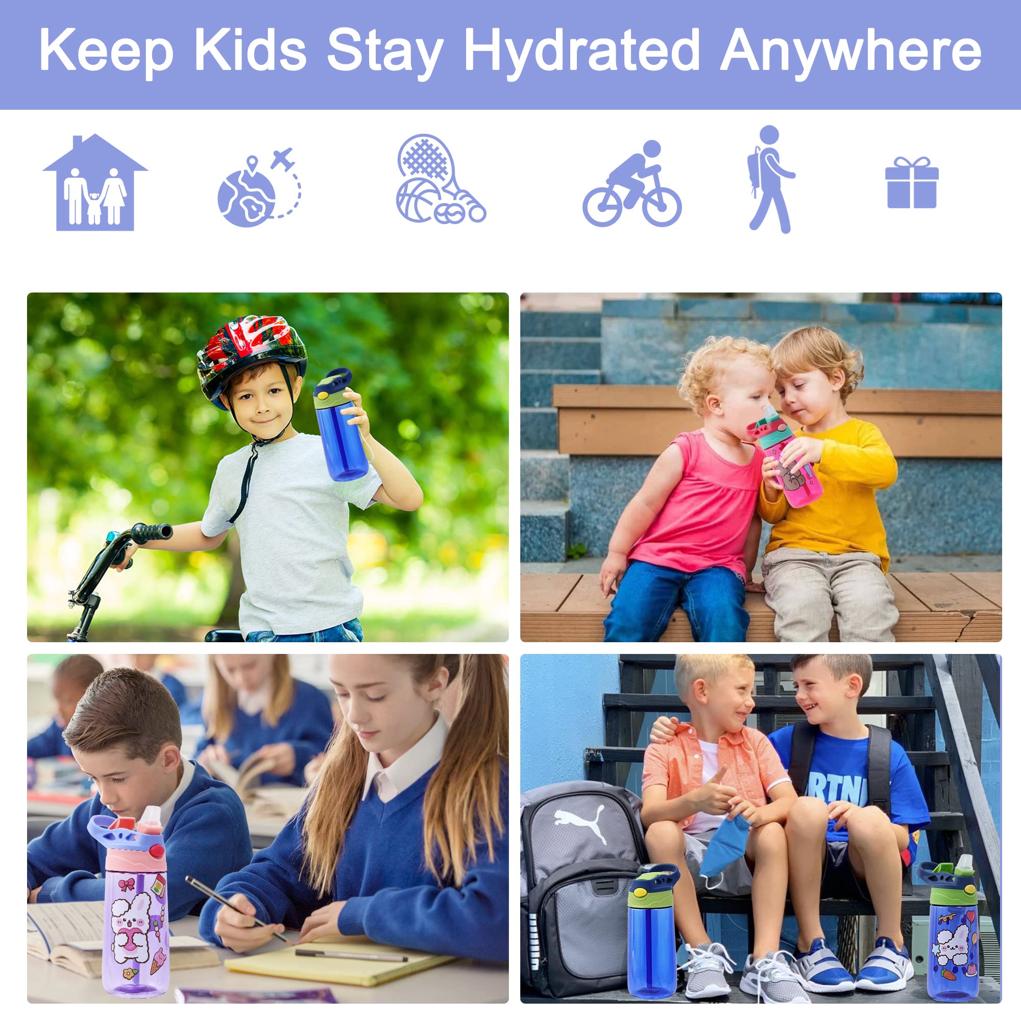 SUPPRUI 480ML Kids Water Bottle with Straw - Leak Proof, BPA-Free, for Boys & Girls (Pink) - Perfect for School, Travel, and Outdoor Activities