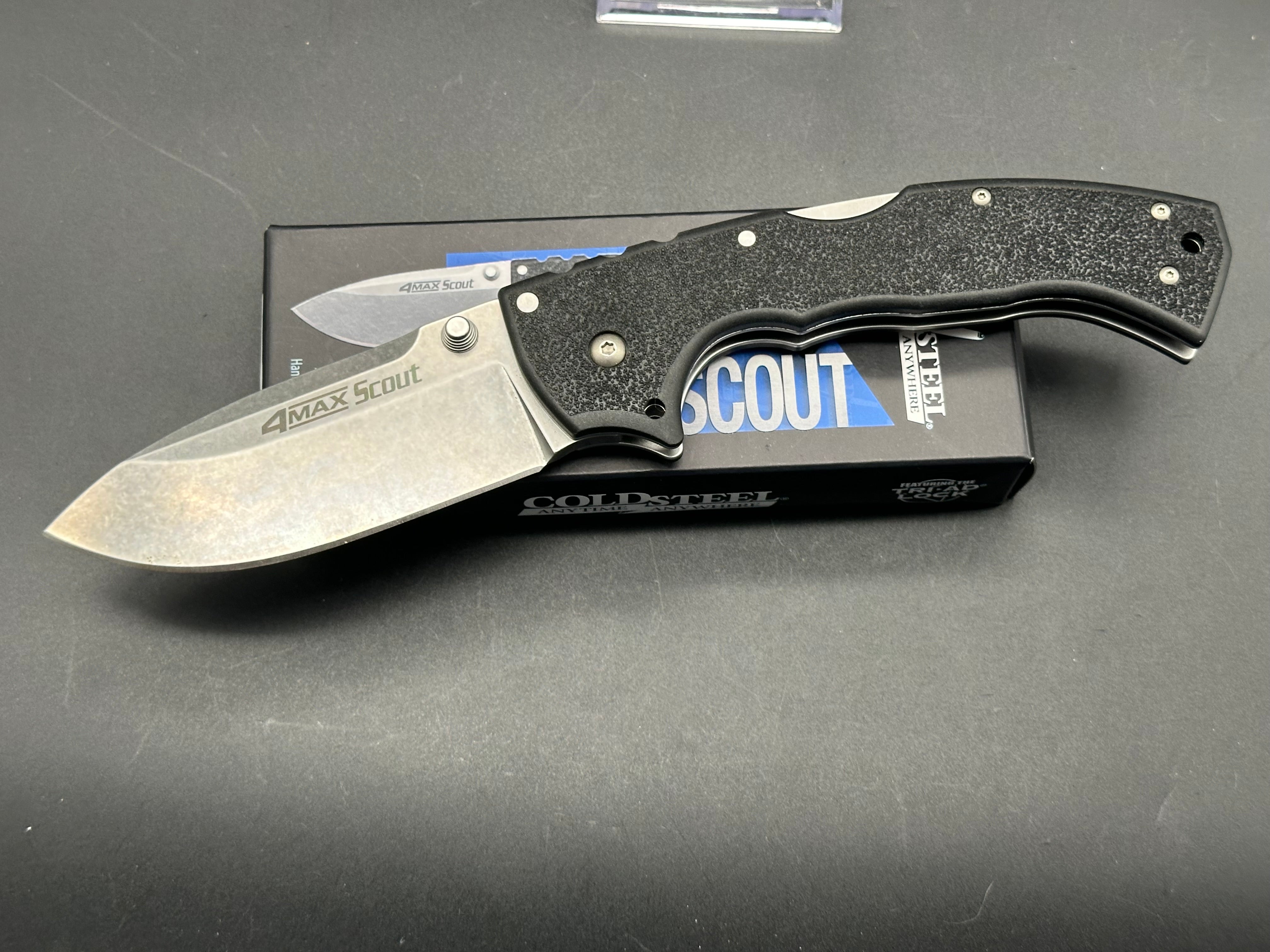 Cold Steel 4 Max Scout Tri-Ad Lock Folding Knife - Black Griv-Ex Handle, Stonewashed Blade - Outdoor Survival, Camping, Hunting, EDC Gear