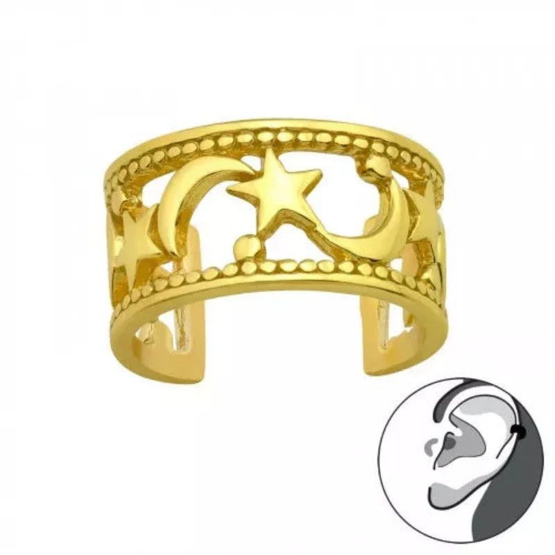 Gold Plated Moon and Star Ear Cuff Earrings for Women - Boho Celestial Jewelry - Perfect for Parties, Weddings & Everyday Wear
