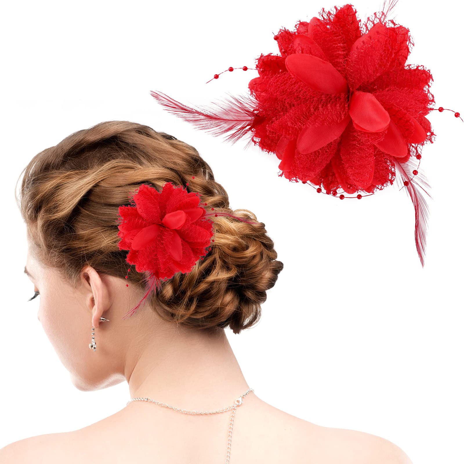 Rose Hair Clips for Women - Floral Hair Accessories for Wedding, Party & Travel (Red)