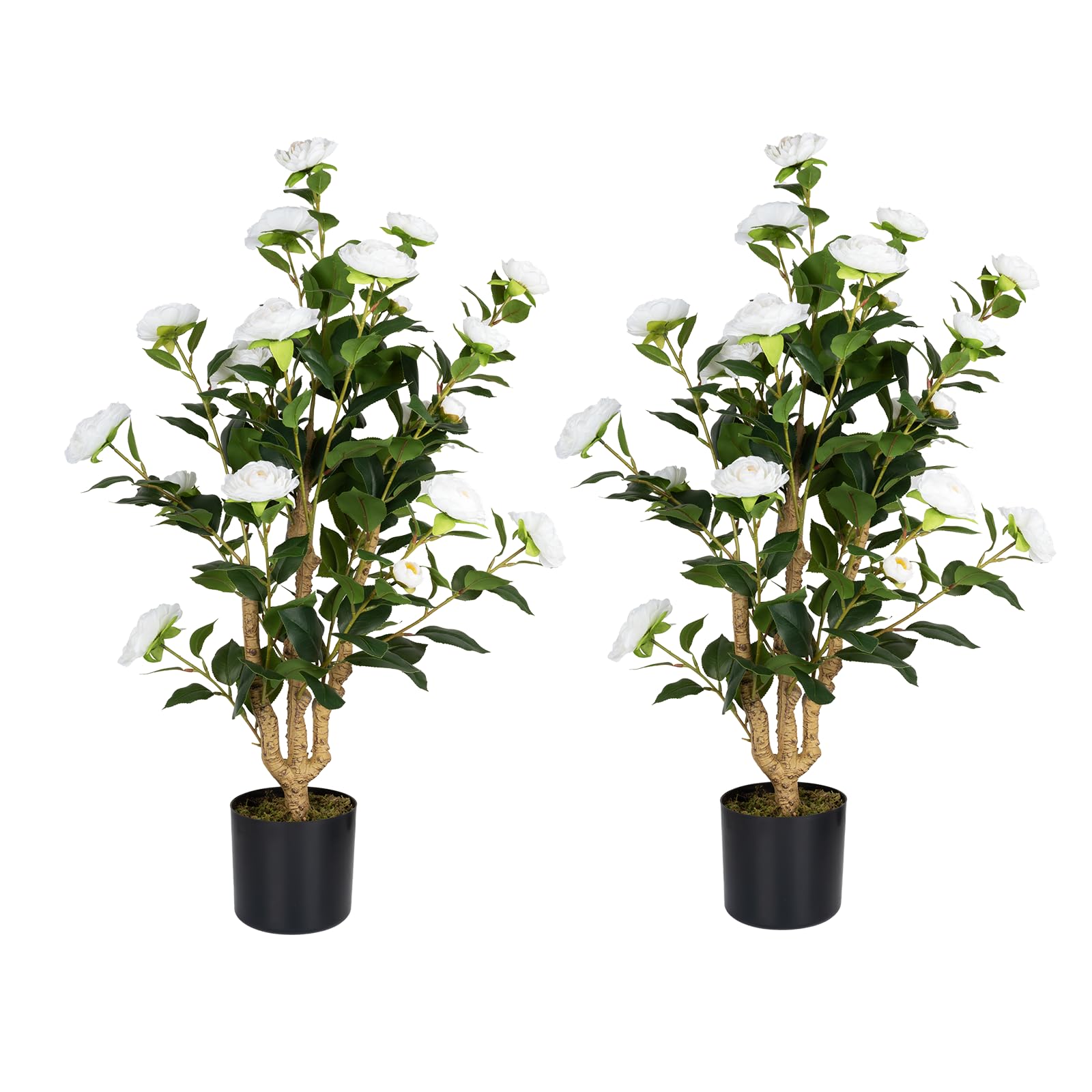 38” Artificial Camellia Tree 2 Pack - Realistic Faux White Camellia Plant in Decorative Pot - Indoor/Outdoor Home Decor for Spring, Front Door, Living Room, Office & Garden