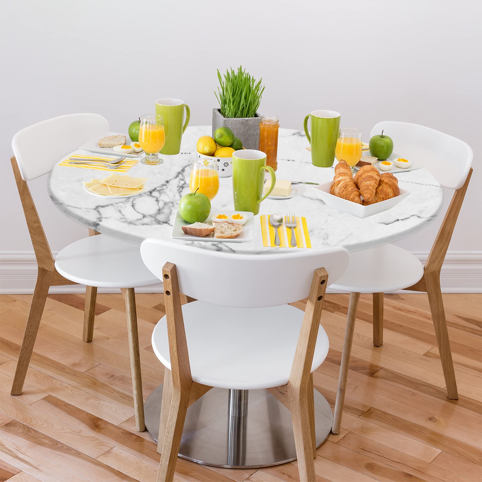 Waterproof Elastic Edge Marble Round Tablecloth - Wipeable Fitted Table Cover for Dining, Kitchen, Party (45