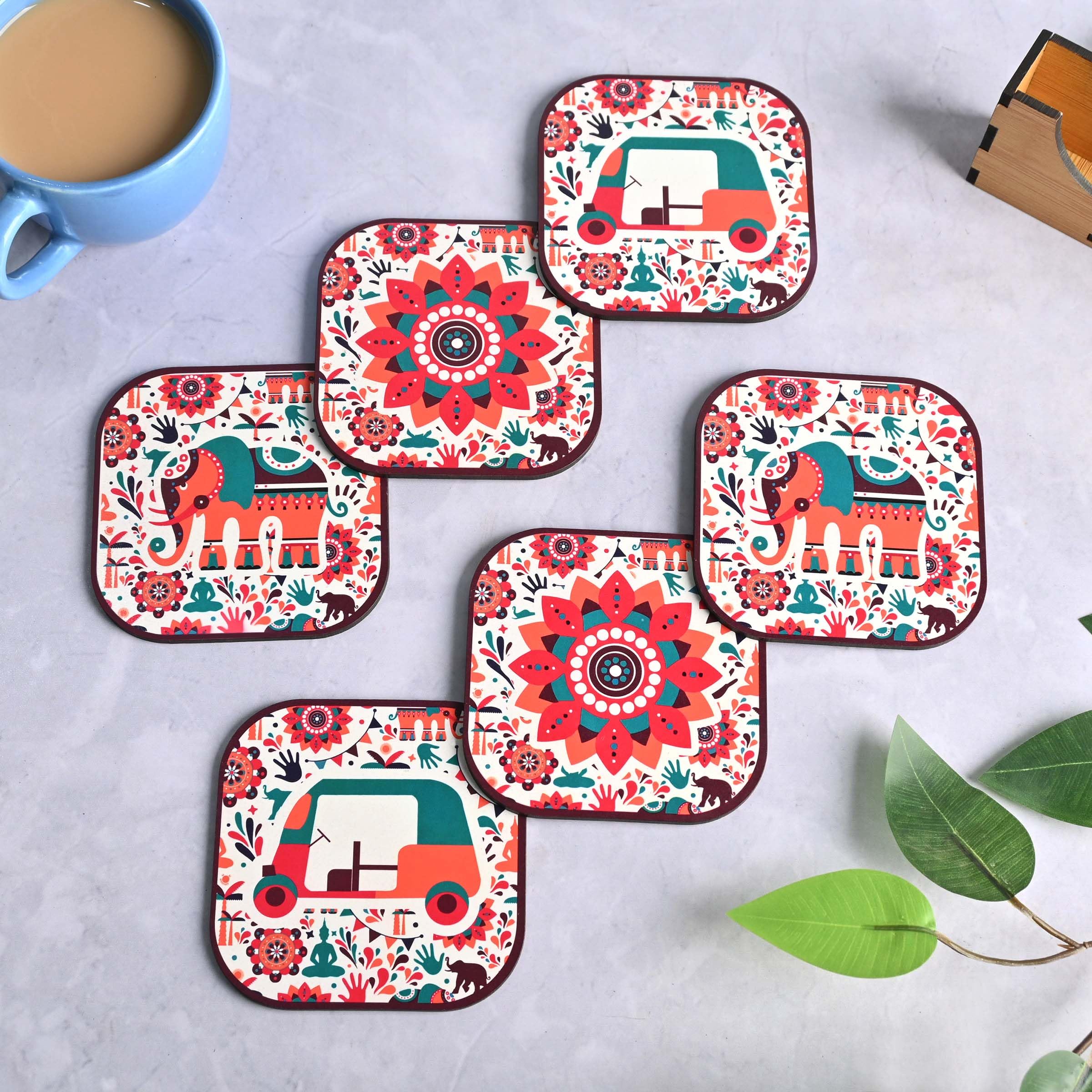 GKD Set of 6 Vibrant India-Themed Wooden Coasters - 3.8x3.8 Inch Square Eco-Friendly Drink Coasters for Tea Cups, Coffee Mugs & Glasses - Perfect for Home, Office & Restaurant Use