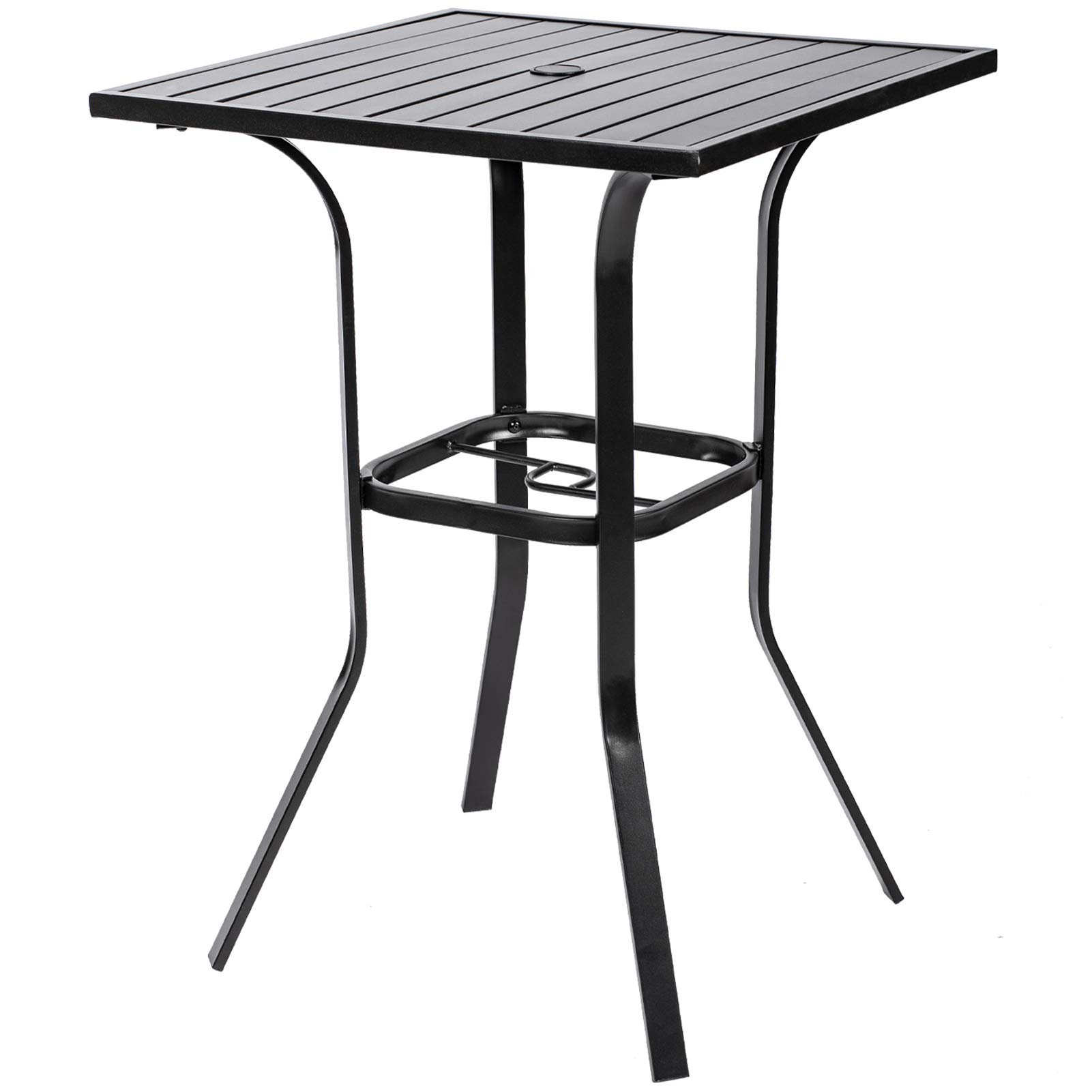 Black Metal Frame Patio Bar Table with Umbrella Hole - Outdoor Bistro Height Dining Table with Slat Design for Backyard, Deck & Poolside Entertaining