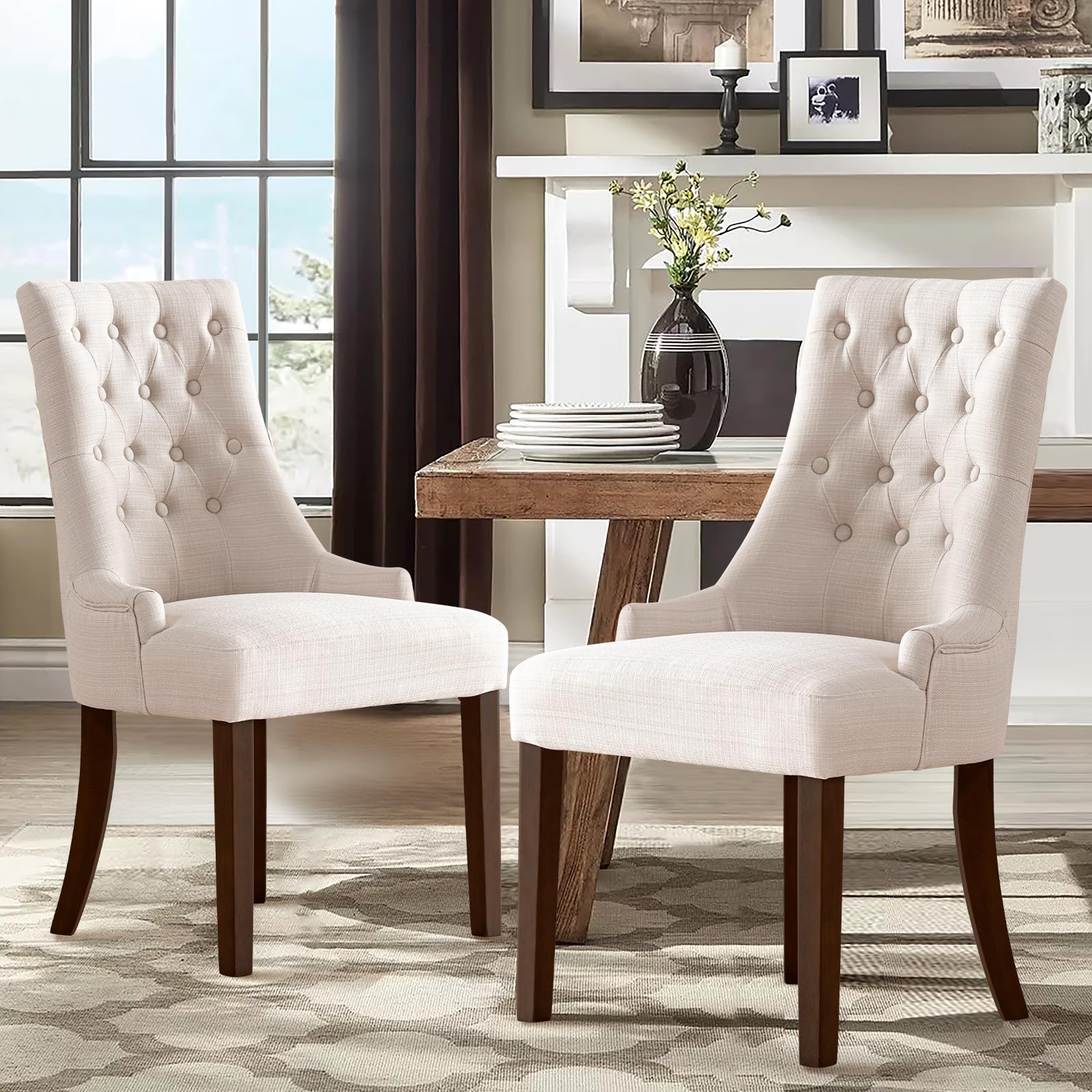 COLAMY Set of 2 Beige Wingback Upholstered Dining Chairs - Tufted Fabric Side Chairs for Dining Room, Living Room & Kitchen - Elegant Home Seating for Dinner Parties & Family Gatherings
