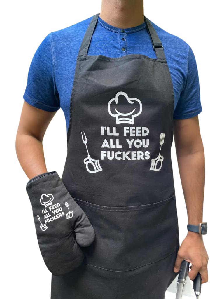 Funny Kitchen Apron with Oven Mitt Set - Premium Cotton Adjustable Apron for Men & Women with 2 Large Pockets - Perfect Dad Gifts & Cooking Accessories for BBQ, Baking, and Grilling
