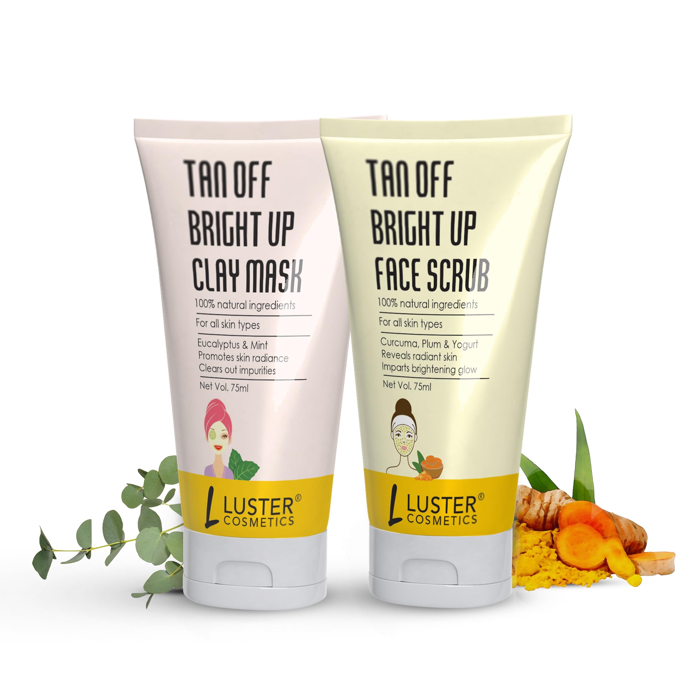 Luster Cosmetics Brightening Clay Mask & Exfoliating Face Scrub Set - 75ml (Pack of 2) for Glowing Skin | Tan Removal & Skin Brightening Treatment | Perfect for Post-Sun Care & Daily Skincare Routine