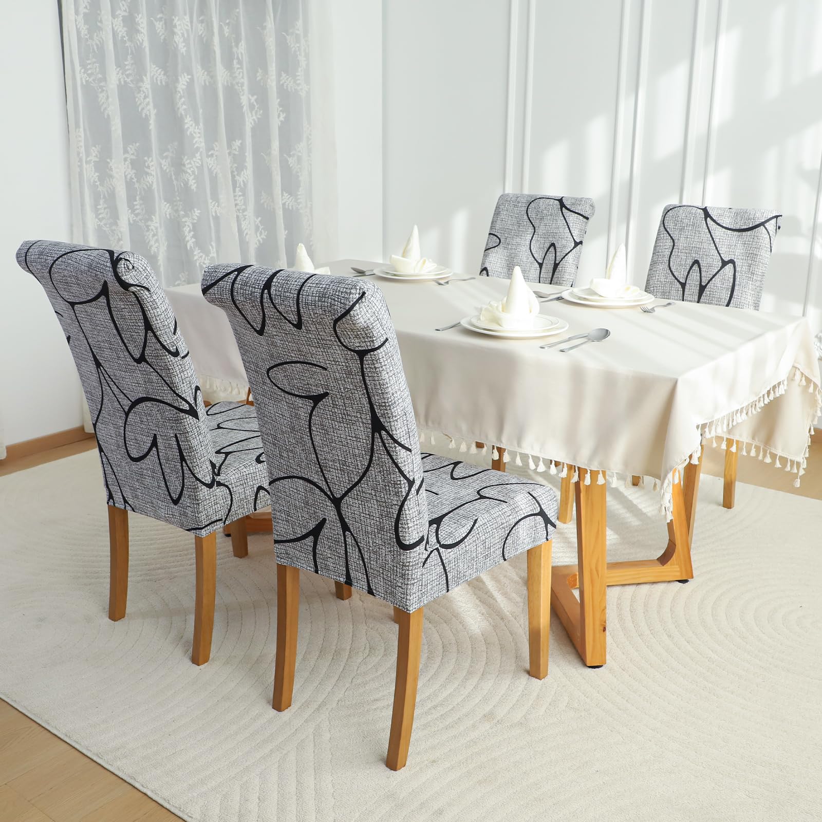 FORCHEER Stretch Dining Chair Covers Set of 4 - Grey Floral Pattern Slipcovers for Kitchen, Parsons & Dining Room Chairs | Washable & Elastic Fit | Perfect for Home Decor, Parties & Daily Use
