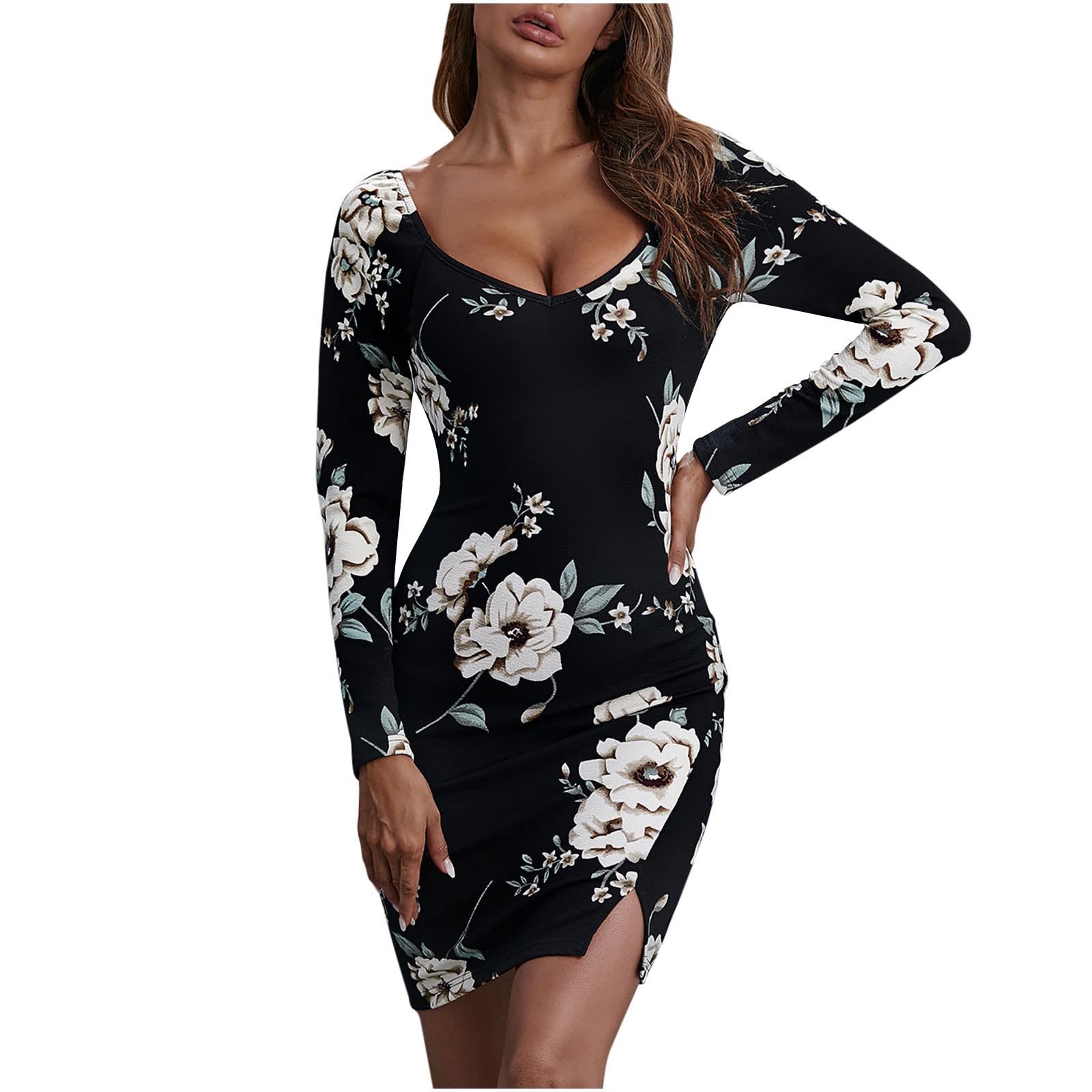 Elegant Women's Wedding Guest Dress - Sexy Printed Round Neck Long Sleeve Bodycon Dress for Formal Events & Evening Parties
