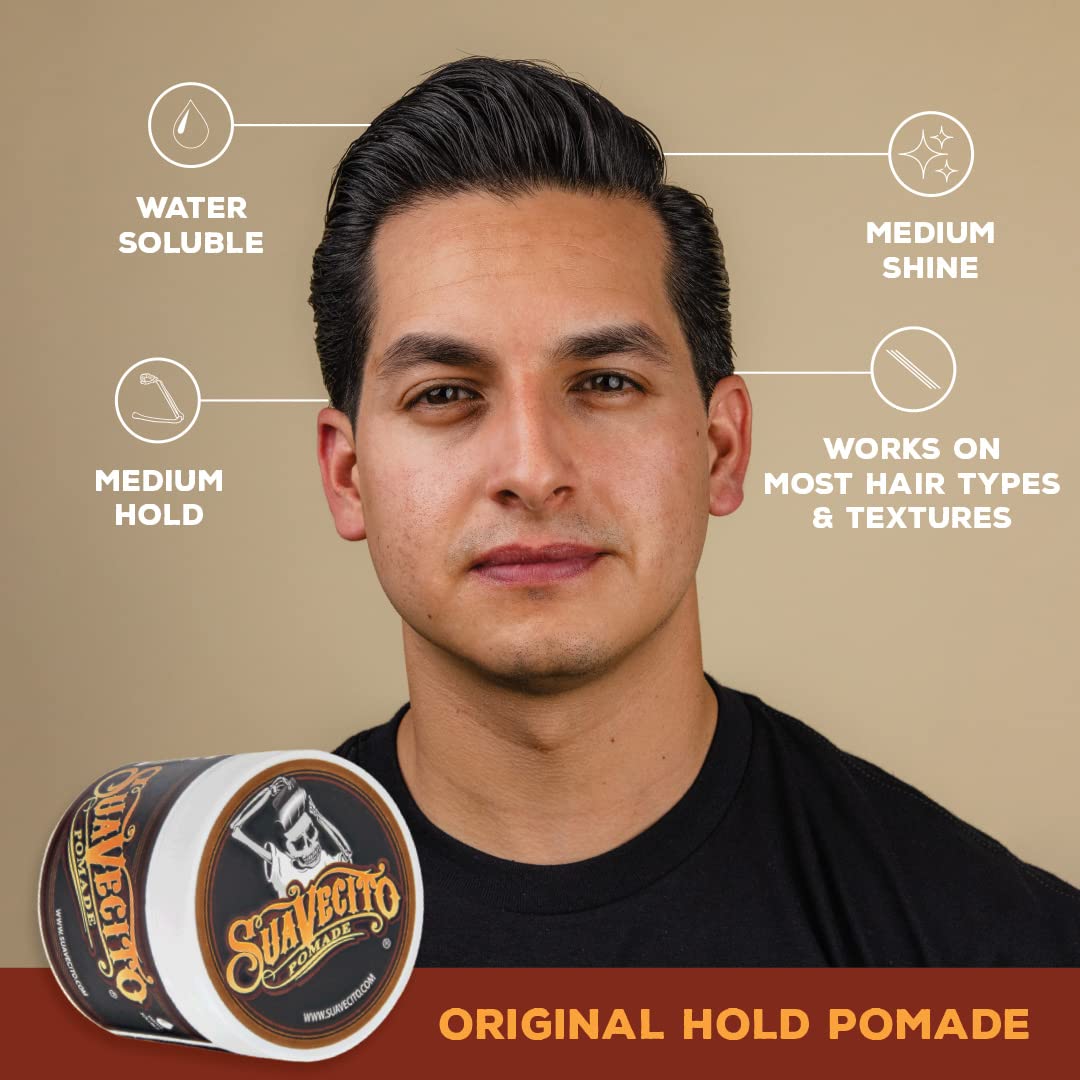 Suavecito Pomade for Men - Medium Hold & Shine, Water-Based Hair Styling Wax (4 oz) - No Flaking, All-Day Hold, Easy Wash Out - Perfect for Slick Back, Pompadour & Classic Hairstyles