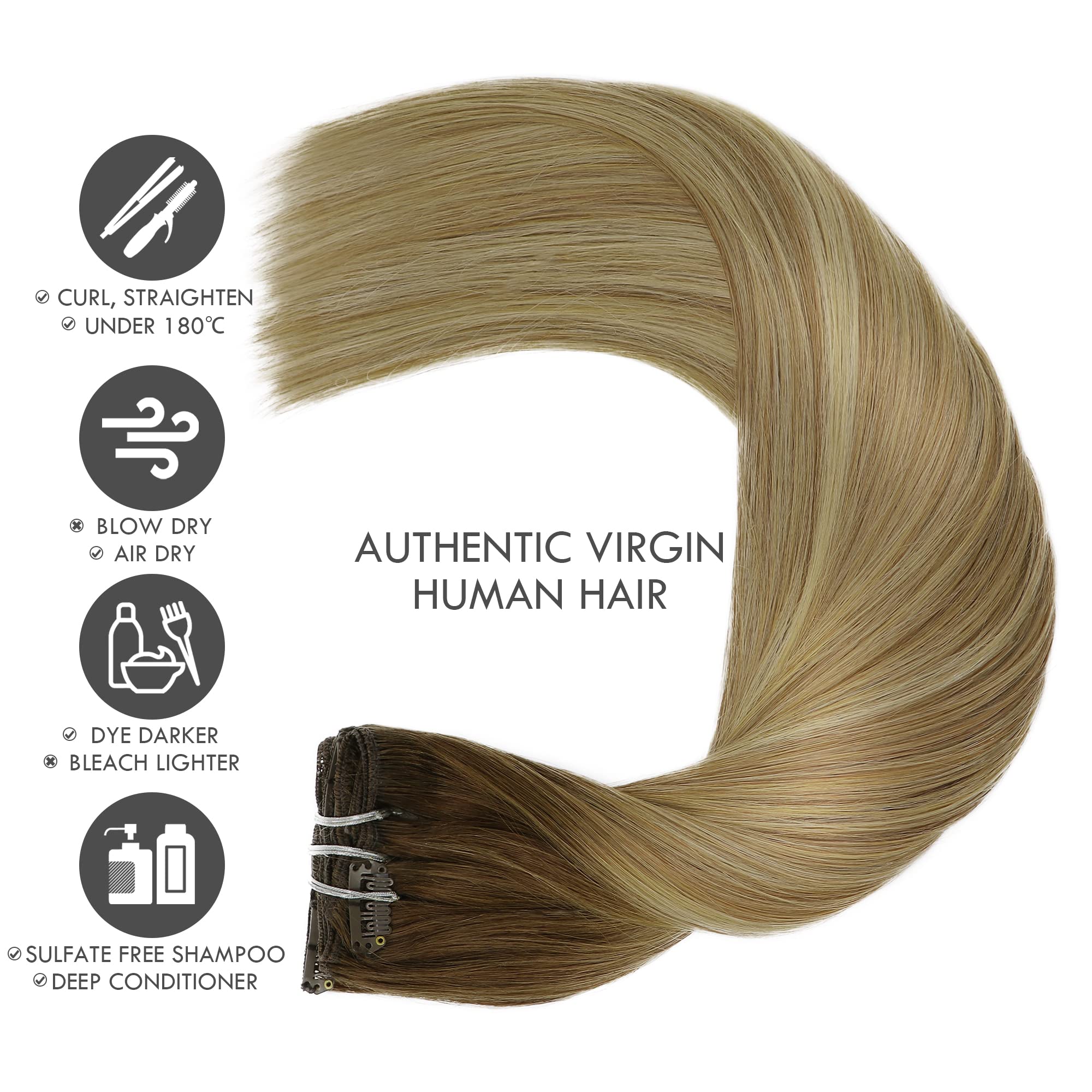 Clip In Hair Extensions 120G Real Human Hair - Balayage Walnut Brown to Ash Brown with Bleach Blonde Highlights - 7PCS 14 Inch Clip Ins for Volume & Length - Perfect for Parties, Weddings & Daily Styling