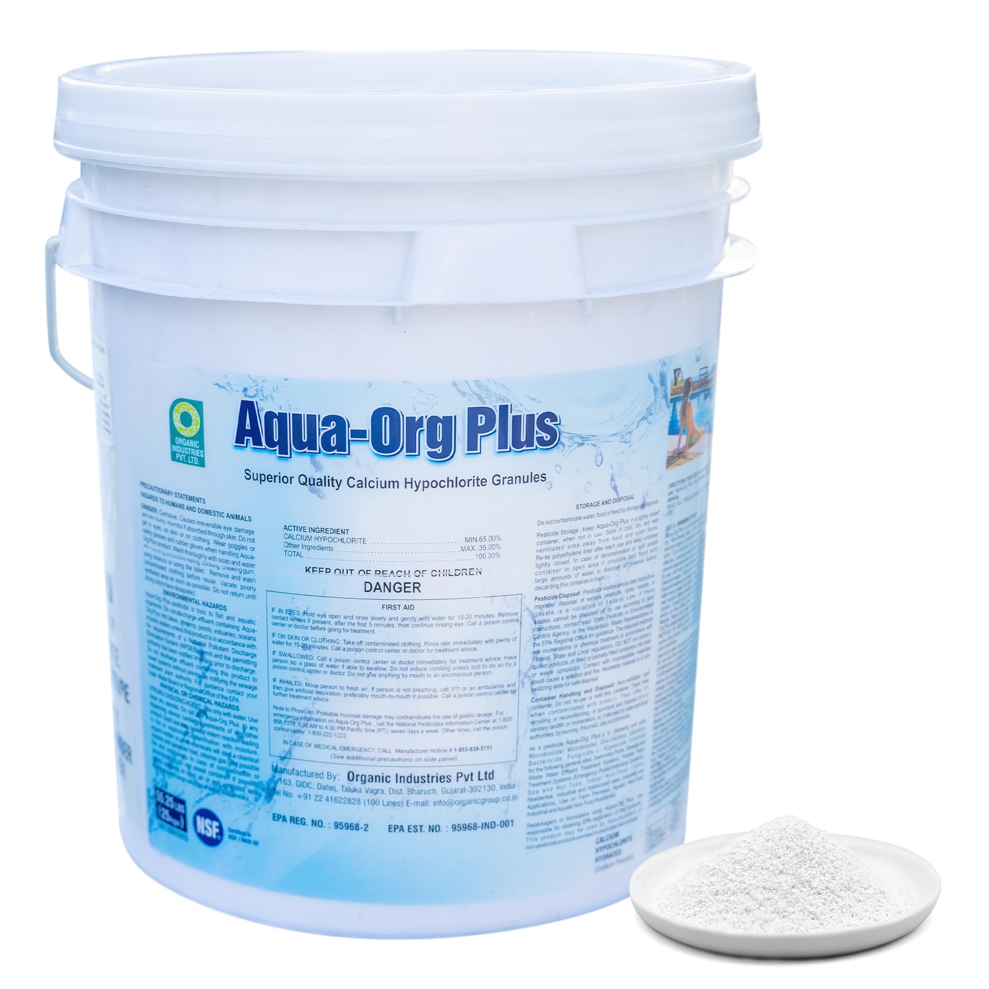 Pool Shock by Aqua Org Plus - 65% Granular Calcium Hypochlorite - Powerful Swimming Pool Chlorine Shock Treatment for In-Ground Pools, Above Ground Pools, Spas & Hot Tubs - 50 Pound Bucket - Ideal for Weekly Maintenance, Algae Prevention & Water Clarification