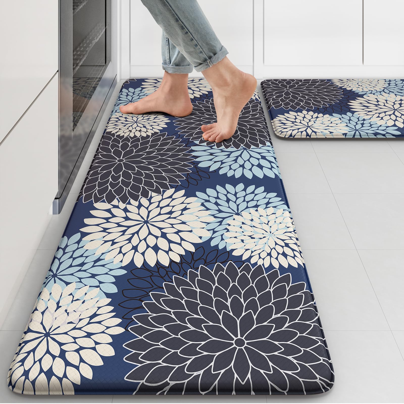 Anti-Fatigue Kitchen Mats 2-Pack - Non-Slip Boho Farmhouse Rugs with Cushioned Support & Waterproof Rubber Backing for Standing Comfort in Kitchen, Laundry, Sink & Office (Multi-Blue) - Perfect for Cooking, Dishwashing & Long Work Hours