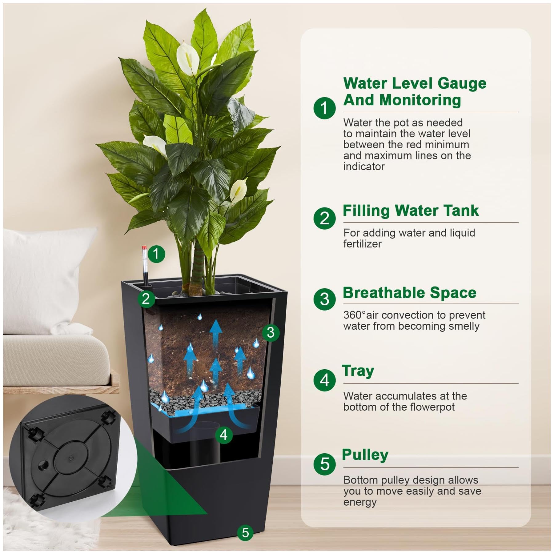 GARVEE 30 Inch Tall Flower Pots Set of 2 - Self Watering Planters with Drainage Holes & Water Level Indicator - Heavy Duty Indoor Outdoor Garden Plant Containers - Perfect for Patio, Balcony, and Home Decor (Black)