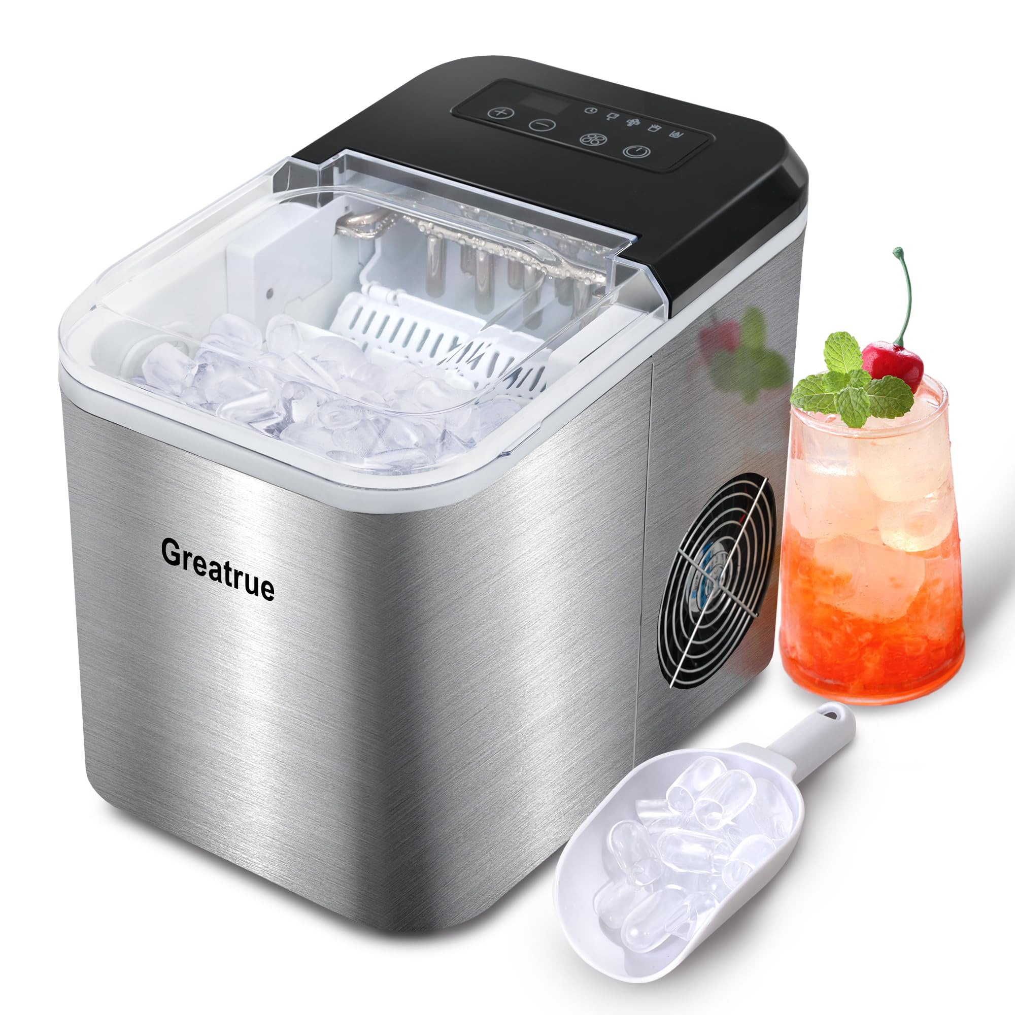 Portable Countertop Ice Maker Machine - 9 Ice Cubes in 6 Minutes, 33 Lbs Daily Output, 2 Size Options, Self-Cleaning & Ultra Quiet - Perfect for Home, Office, Kitchen, RV, Camping & Outdoor Parties (Stainless Steel)