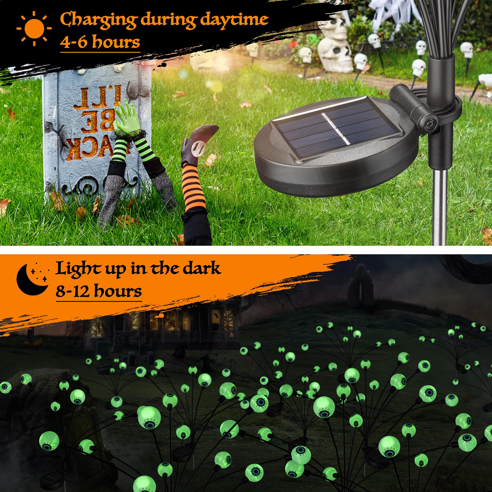 Solar Halloween Decorations - 2-Pack Scary Eyeball Garden Lights with 16 LED Waterproof Outdoor Stake Lights for Pathway, Yard & Patio | Spooky Party Decor & Landscape Lighting for Halloween Night