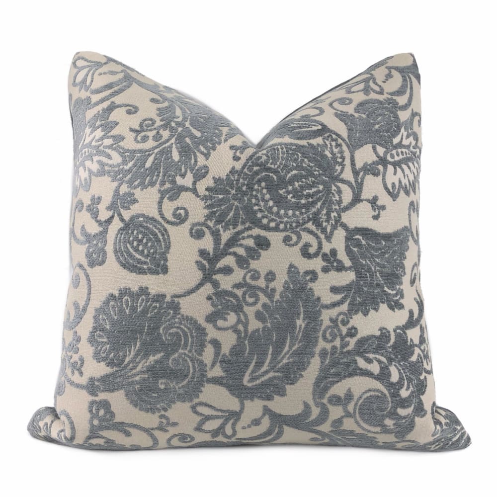 Kravet 32528 Jacobean Floral Slate Gray Beige Chenille Velvet Pillow Cover - Luxury Decorative Throw Pillow Case for Sofa, Bedroom & Living Room Decor