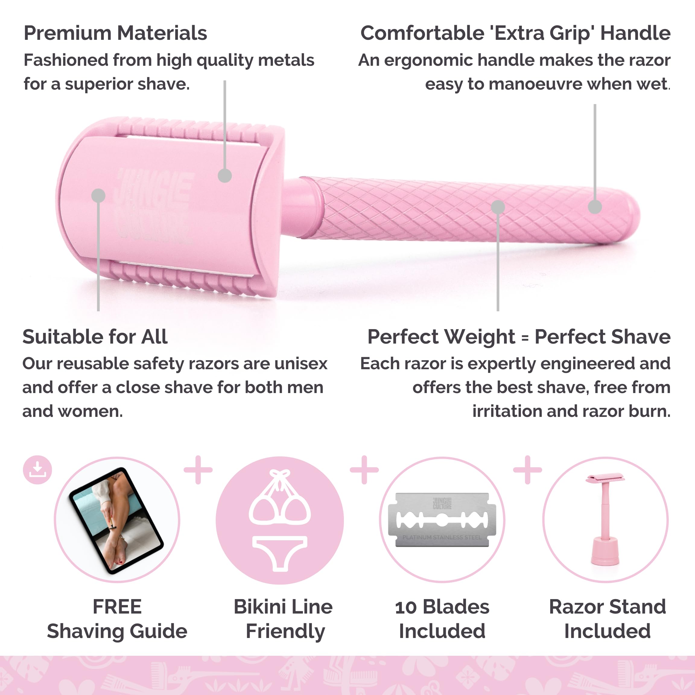 Jungle Culture Stainless Steel Safety Razor & Stand with 10 Double Edge Blades - Eco-Friendly Metal Razor for Women & Men - Face & Body Shaving - Reusable Wet Shaver (Pink) - Perfect for Travel, Home Use & Sustainable Grooming Routine