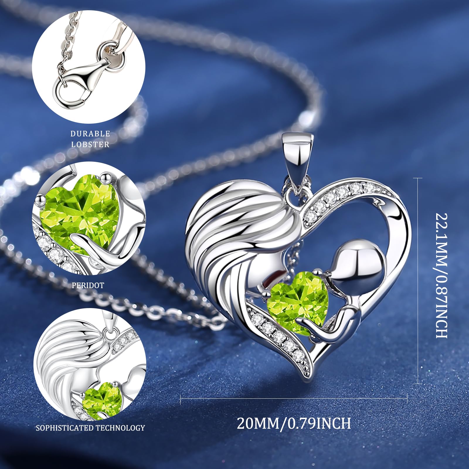 FANCIME Sterling Silver Mom Birthstone Necklace - Personalized Mother & Child Heart Pendant Jewelry - I Love You Mom Gift for Mother's Day, Birthday, Anniversary - 16