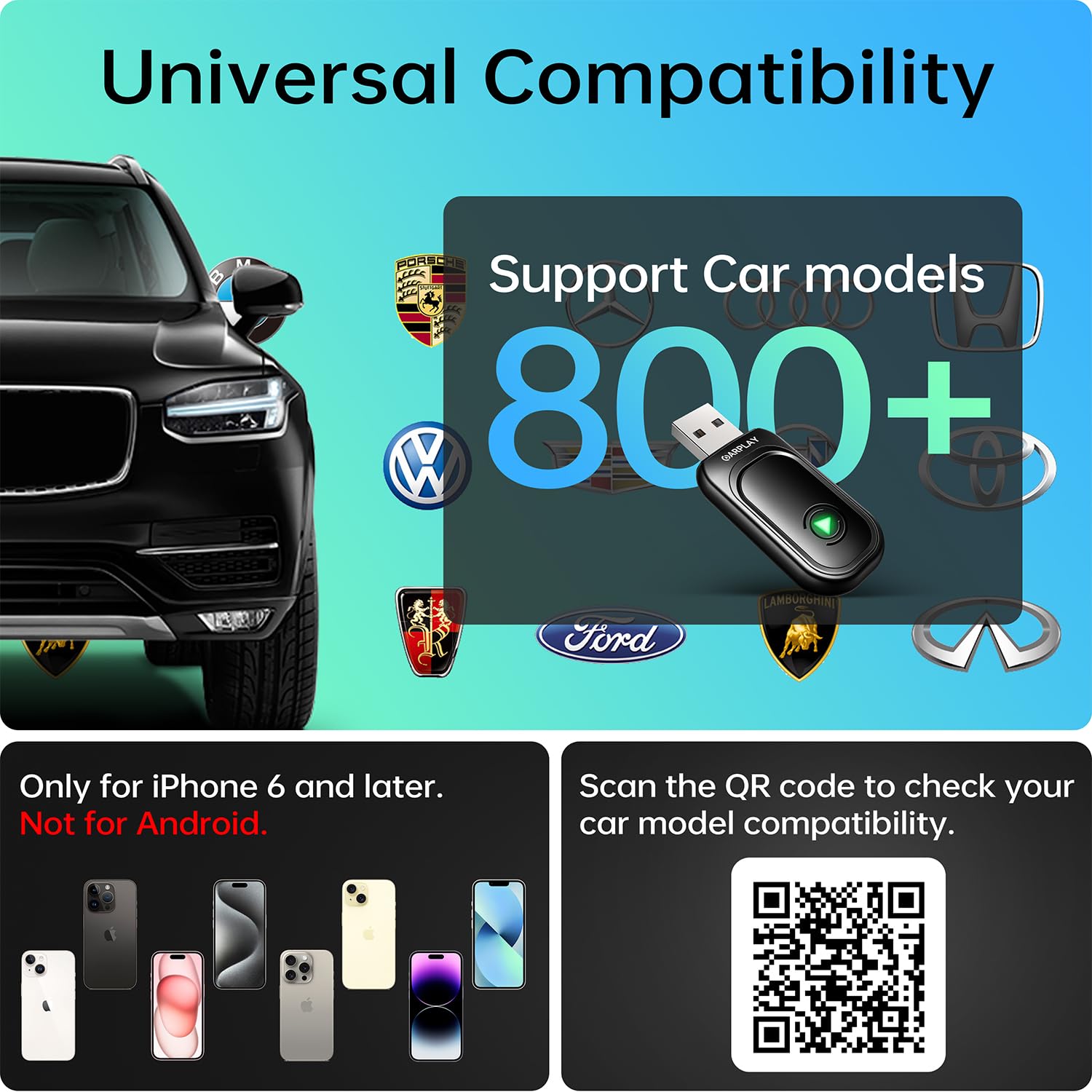 Wireless CarPlay Adapter for iPhone - Convert Wired to Wireless CarPlay Dongle, Plug & Play for Cars 2017+ & iOS 10+ (Black) | Seamless Music Streaming & Hands-Free Calling While Driving