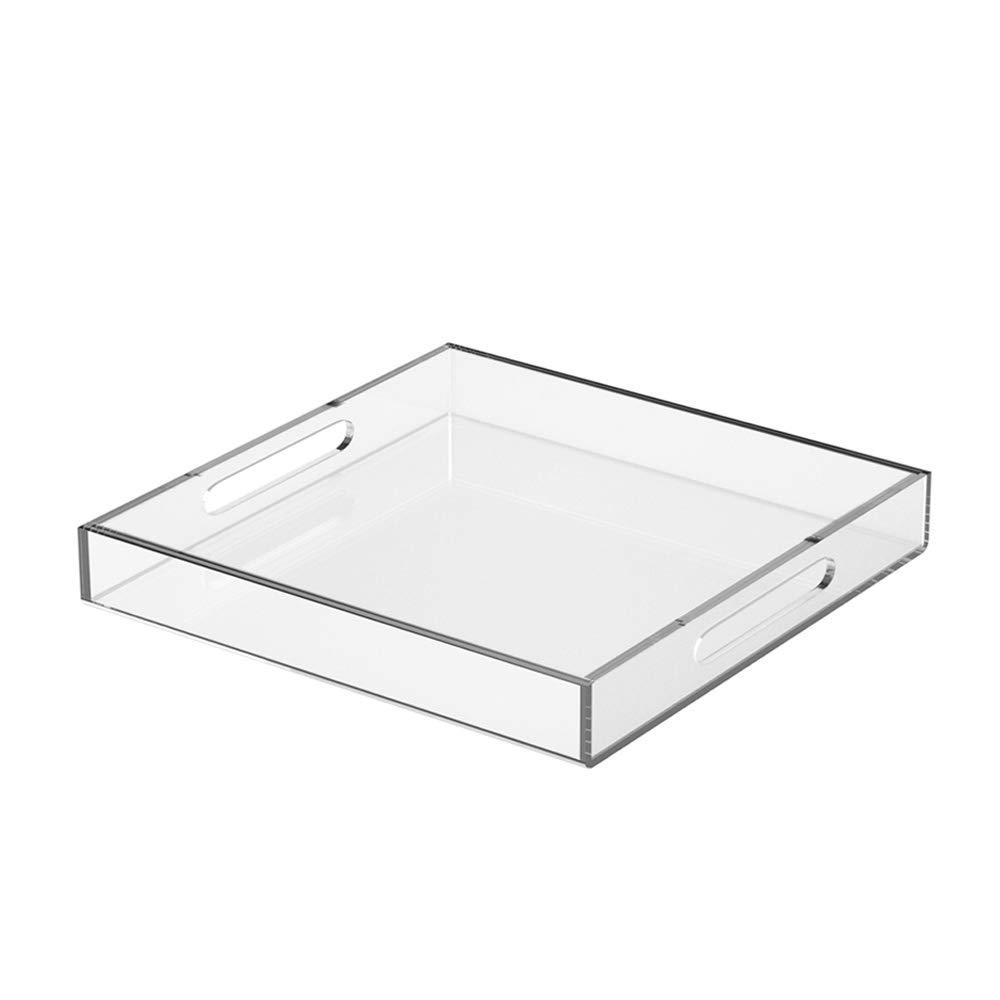 NIUBEE 15x15 Inches Clear Acrylic Serving Tray - Spill Proof Decorative Organizer with Handles for Coffee Table, Ottoman, Countertop - Perfect for Entertaining, Bathroom Storage & Bedroom Decor