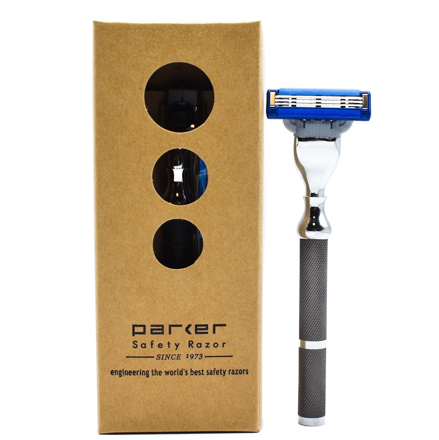 Parker 42M Heavyweight All-Metal Triple Blade Razor for Men - Premium Brass Frame & Textured Graphite Gray Handle - Includes Gillette Mach 3 Razor Blade - Perfect for Wet Shaving, Travel & Gift Giving