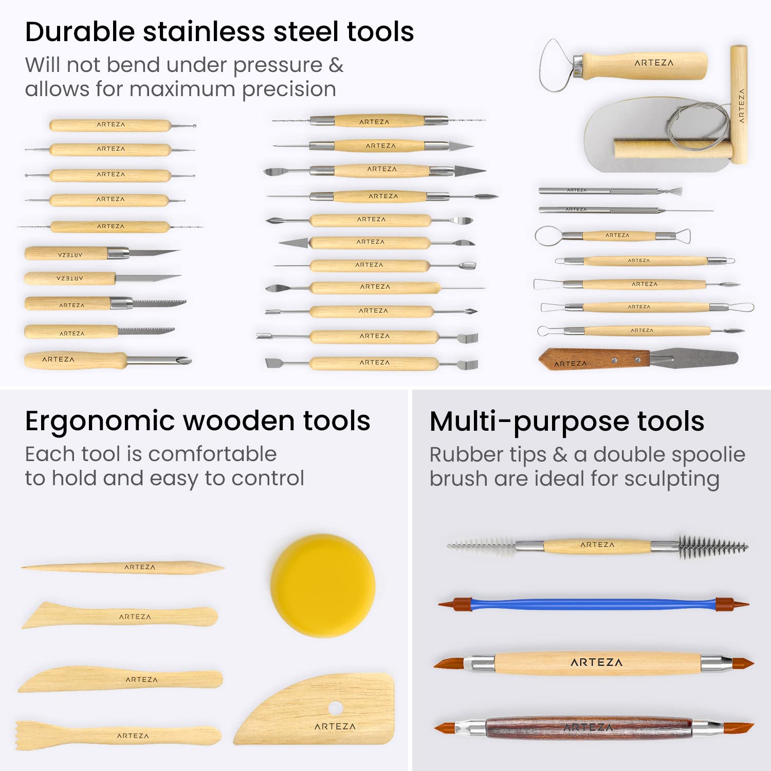 Arteza 42-Piece Pottery & Polymer Clay Sculpting Tools Set - Steel Tip with Wooden Handles for Modeling, Smoothing & Carving - Perfect for Ceramics, DIY Crafts & Art Projects