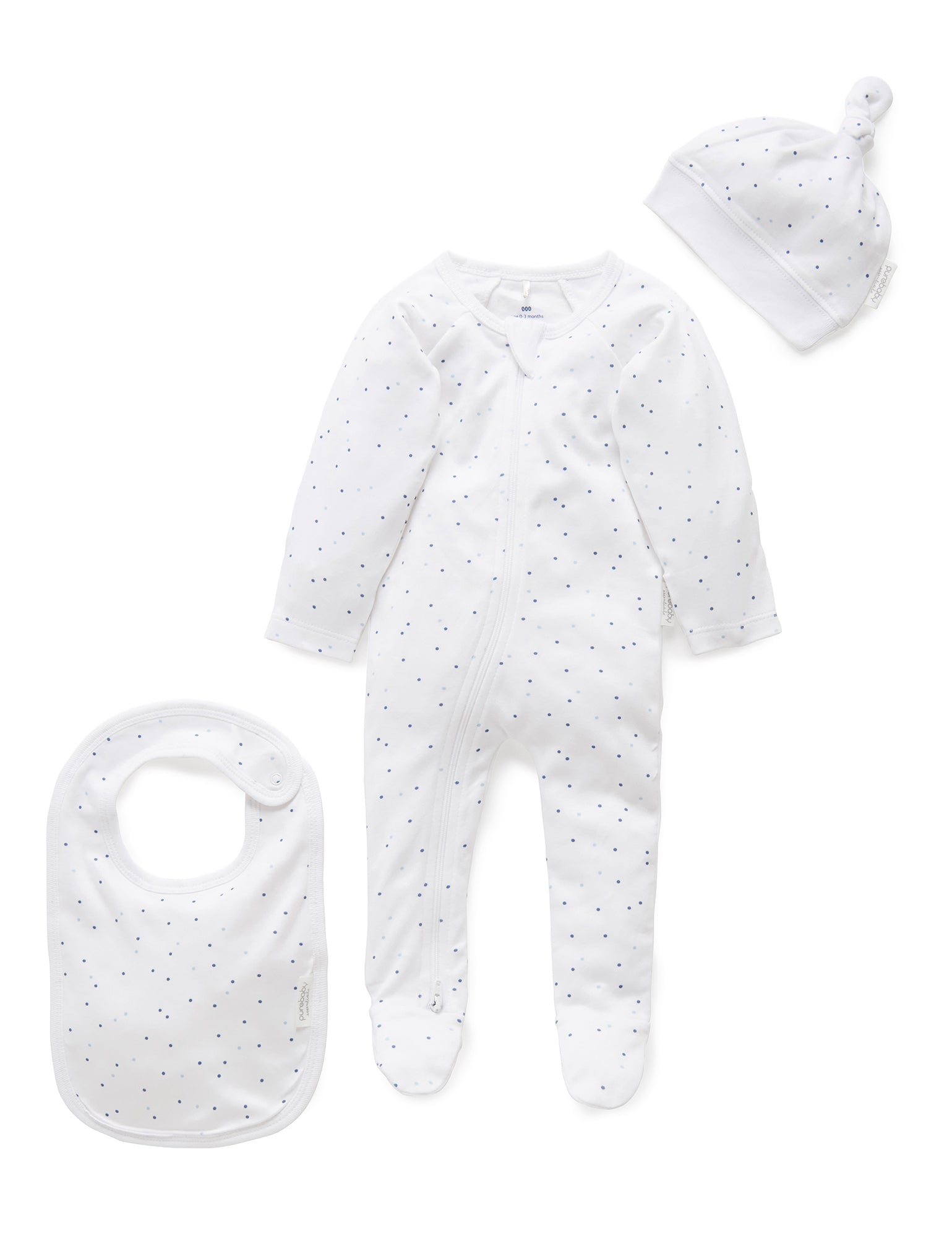 Purebaby Organic 3-Piece Baby Clothing Set - Pale Blue Spots | Soft Cotton Outfit for Newborns & Infants | Perfect for Daily Wear, Photo Shoots & Gift Giving