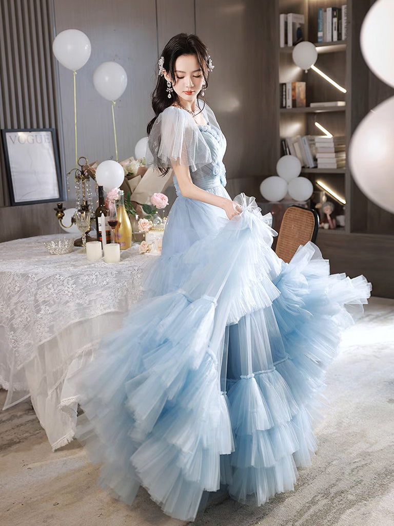 Elegant A-Line Tulle Blue Long Prom Dress for Women - Formal Evening Gown with Flowy Skirt - Perfect for Homecoming, Prom Night, and Special Occasions