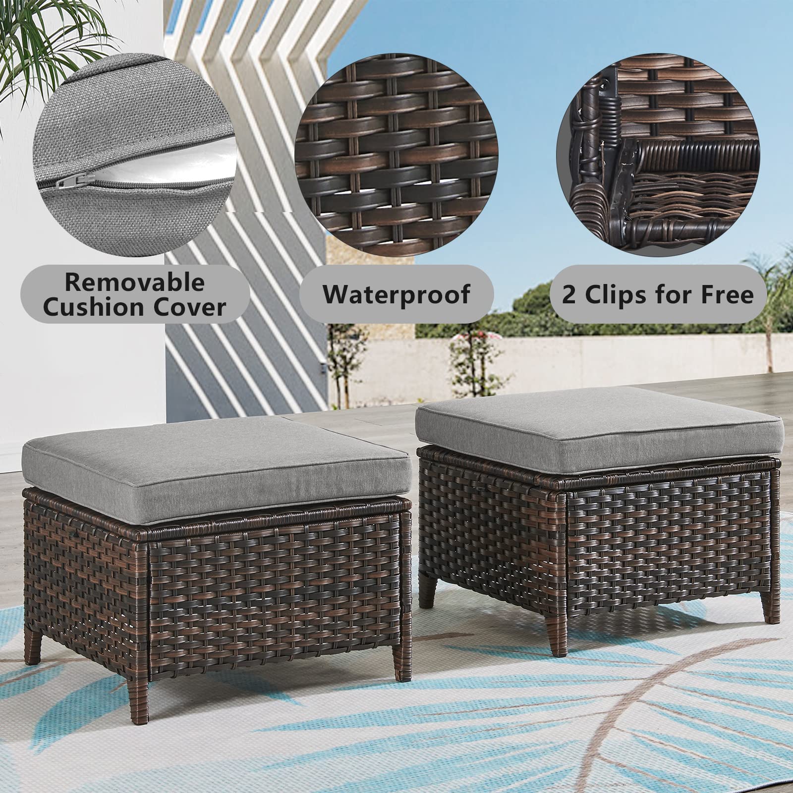 All-Weather Outdoor Rattan Ottoman Set of 2 - Patio Seating Footstool with Soft Cushions - Perfect for Garden, Deck, Poolside & Backyard Relaxation