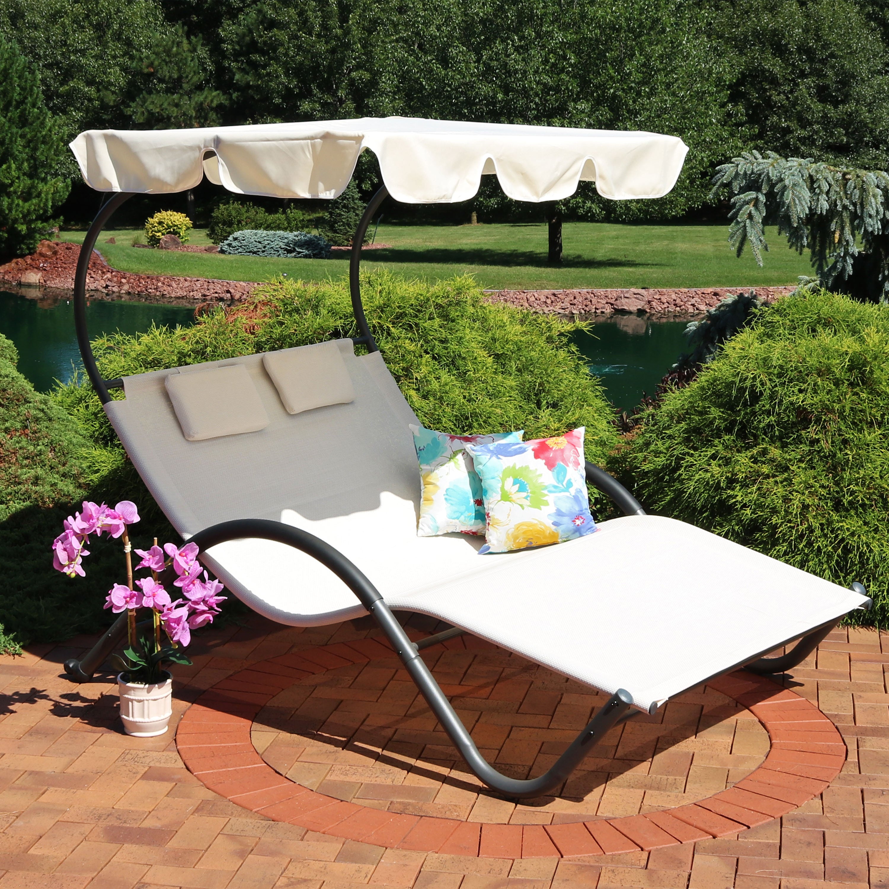 Sunnydaze Double Chaise Lounge with Canopy & Headrest Pillow - Beige Outdoor Patio Furniture for Poolside, Garden, or Backyard Relaxation