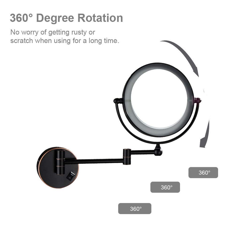 Wall Mounted Makeup Mirror with Lights - 2-Sided Extendable 360° Swivel Vanity Mirror for Bathroom, Plug-in LED Mirror with Adjustable Brightness, Perfect for Makeup, Shaving & Skincare Routine