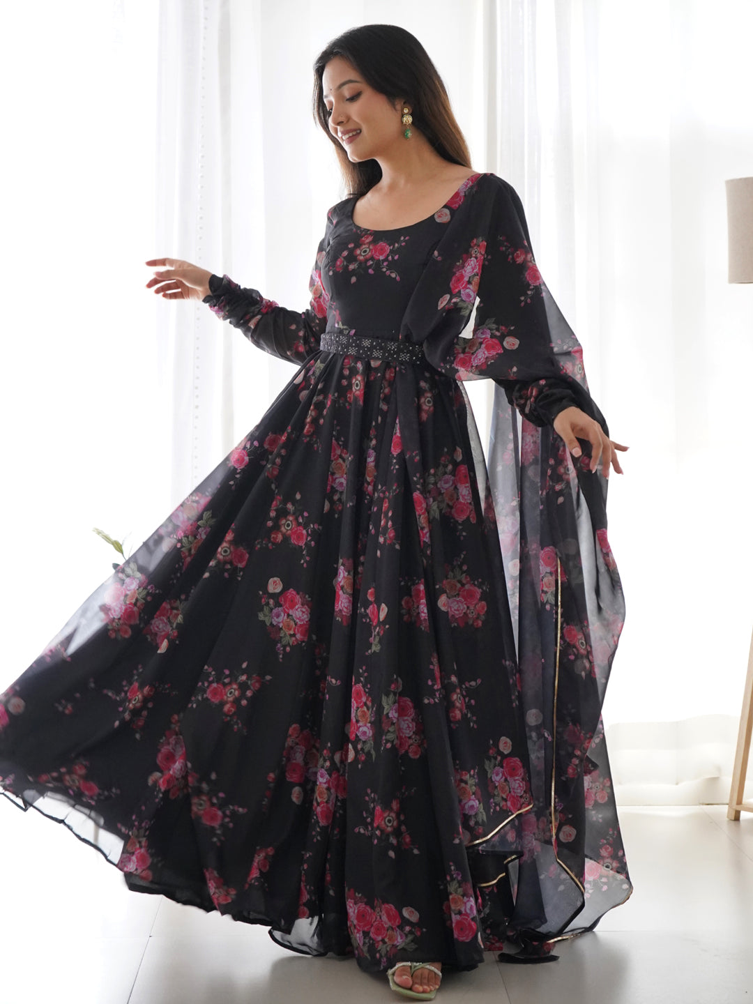 Elegant Black Designer Anarkali Dress with Dupatta & Belt - Perfect for Weddings, Parties & Festive Occasions