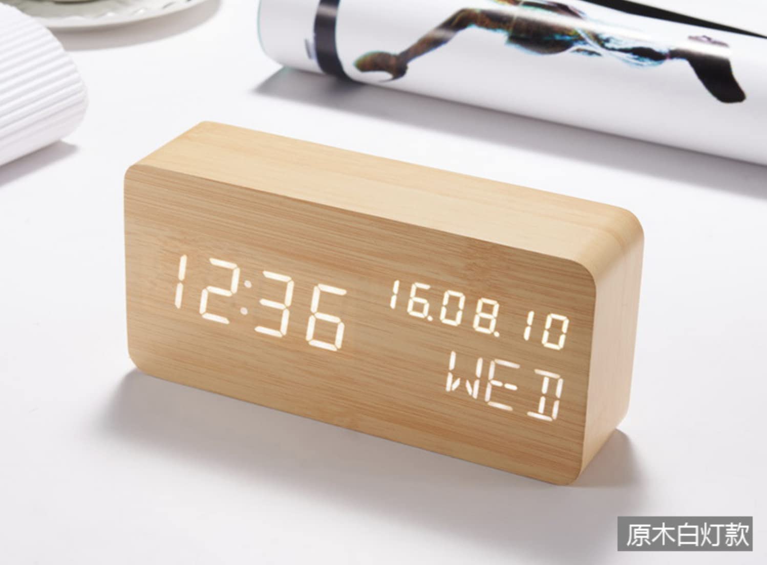 Wooden Digital Alarm Clock with Large LED Display - Shows Time, Date (MM/DD/YY), Day, Temperature & Night Light | Portable Desk Clock for Bedroom, Office, School | Perfect for Home, Living Room & Nightstand Use (Bamboo)