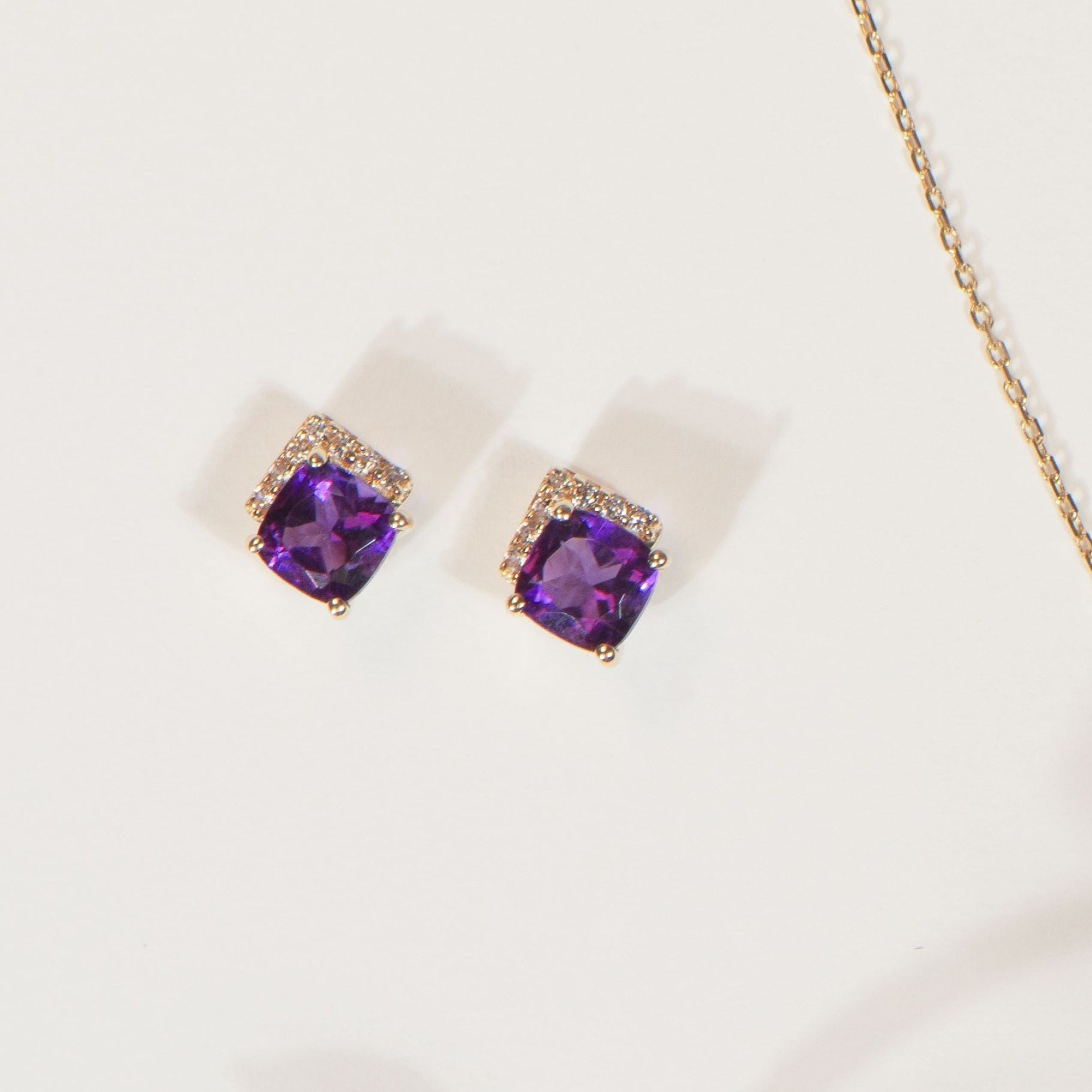 10K Yellow Gold Cushion Cut Amethyst Stud Earrings with White Sapphire Pave - Elegant Purple Gemstone Jewelry for Women, Perfect for Weddings, Parties & Everyday Wear