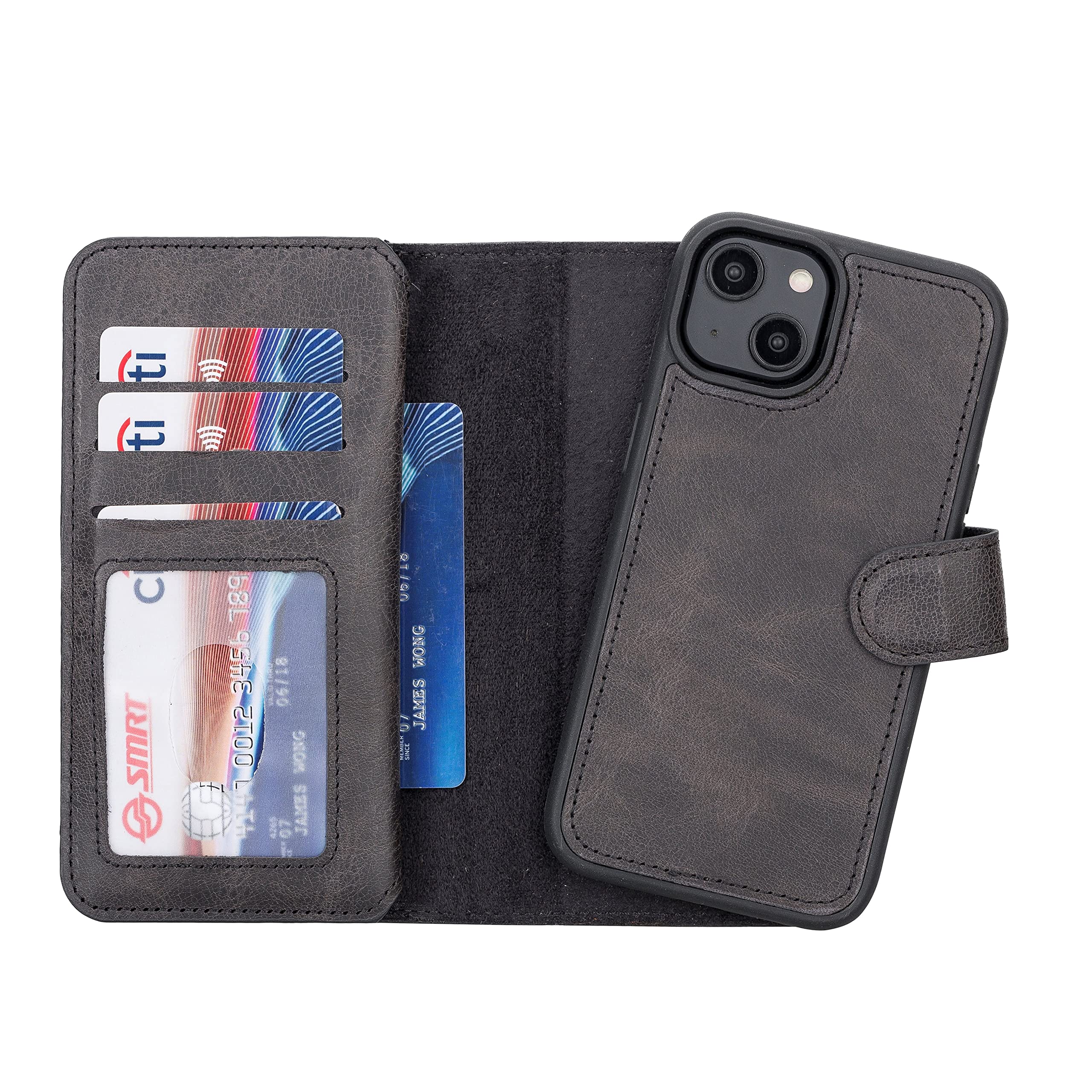 Premium iPhone 14 Bi-Fold Wallet Case with MagSafe - Handmade Genuine Leather Magnetic Flip Cover with Card Slots | Detachable & Customizable Double Fold Design (Black) | Perfect for Business Travel & Everyday Use