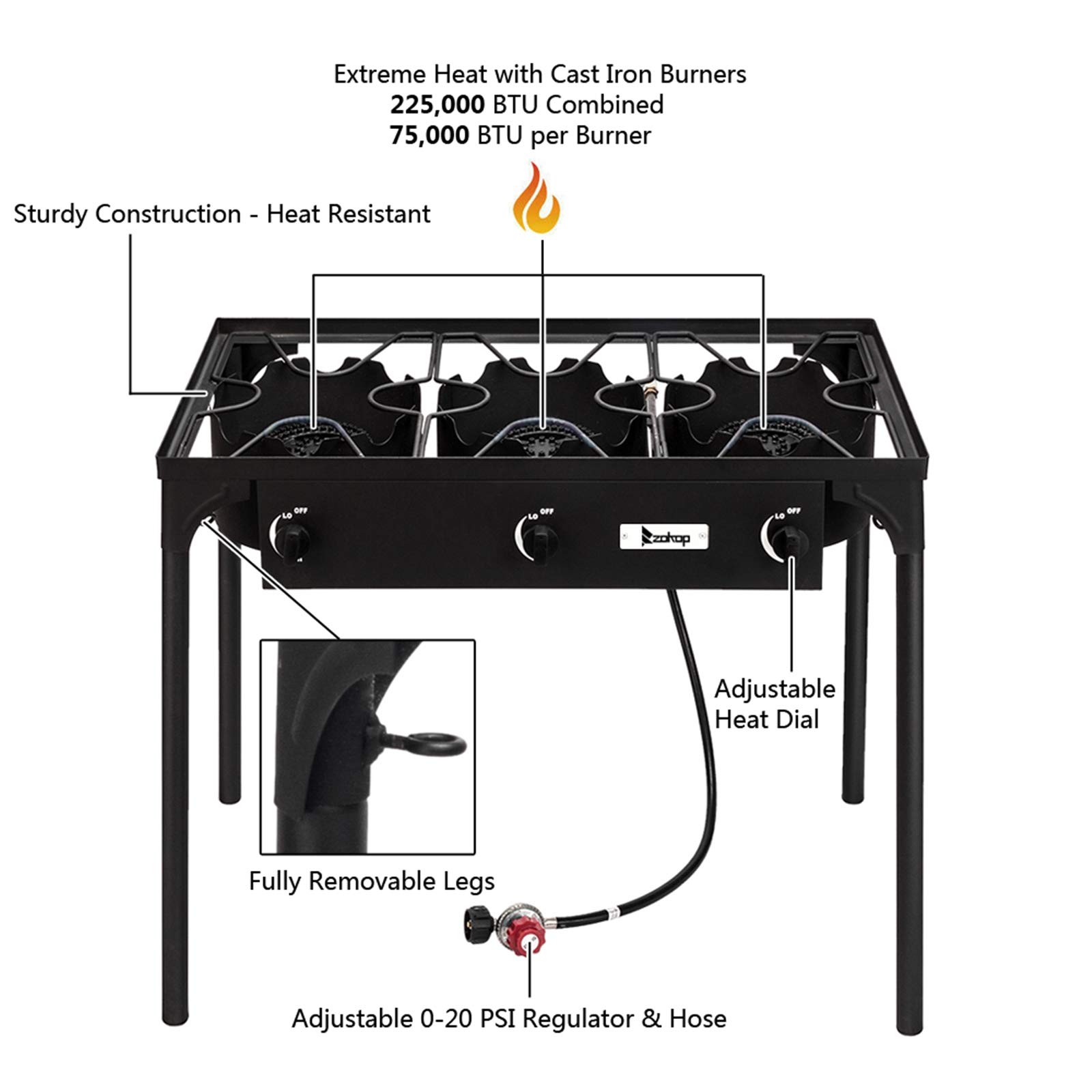 High Pressure Portable Propane Burner Stove - Outdoor Gas Cooker with Detachable Legs for Camping, RV & Patio Cooking | Cast Iron Burner for Grilling, Boiling & Outdoor Cooking