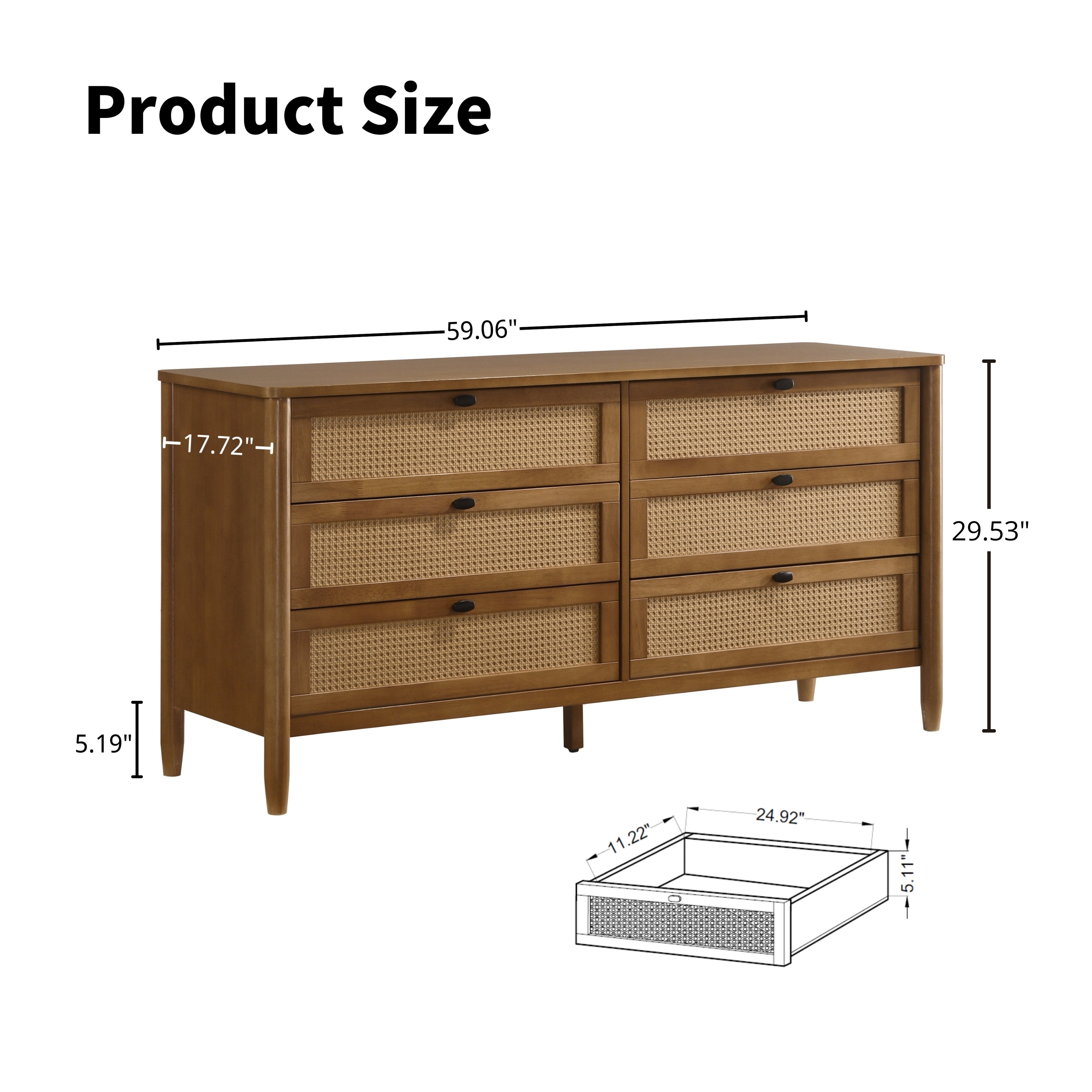Roundhill Furniture Vichy 6-Drawer Wood and Rattan Dresser with Mirror - Stylish Bedroom Storage for Home Decor