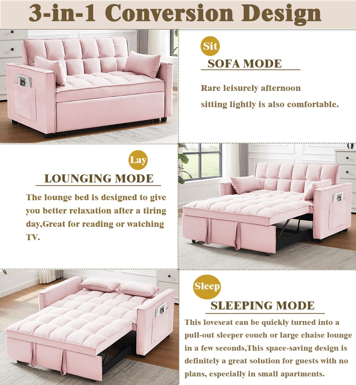 3 in 1 Convertible Velvet Loveseat Futon Couch Bed for Small Spaces - Pull Out Sofa Bed with Adjustable Backrest & Lumbar Pillows, Pink Velvet Upholstery | Perfect for Studio Apartments, Guest Rooms & Cozy Living Spaces
