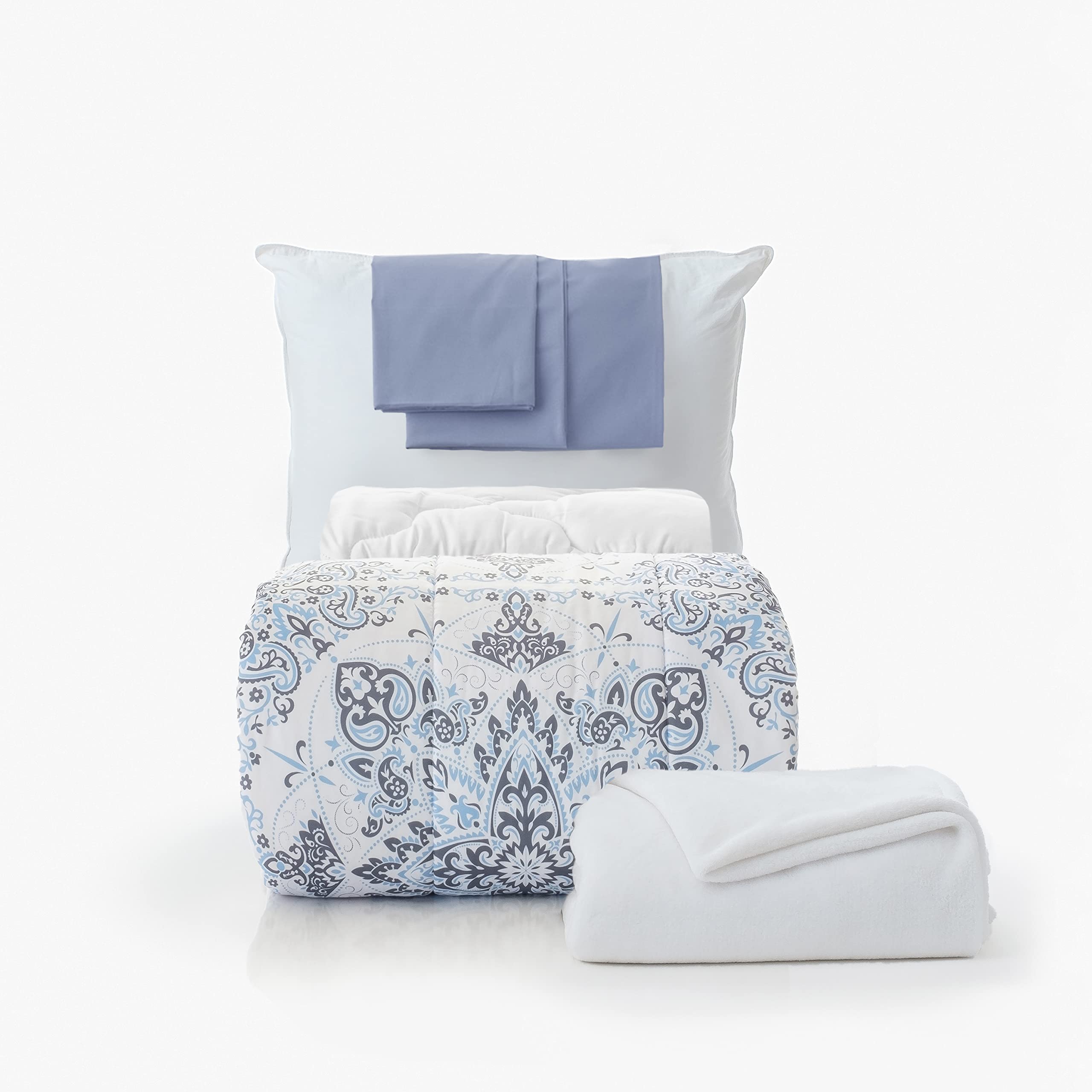 OCM 7-Piece College Dorm Bedding Set - Twin XL Comforter, Sheets, Pillowcase, Mattress Pad & Throw Blanket in Blue and Neutral Medallion Pattern | Perfect for University Dorm Rooms, Guest Beds & Teen Bedrooms