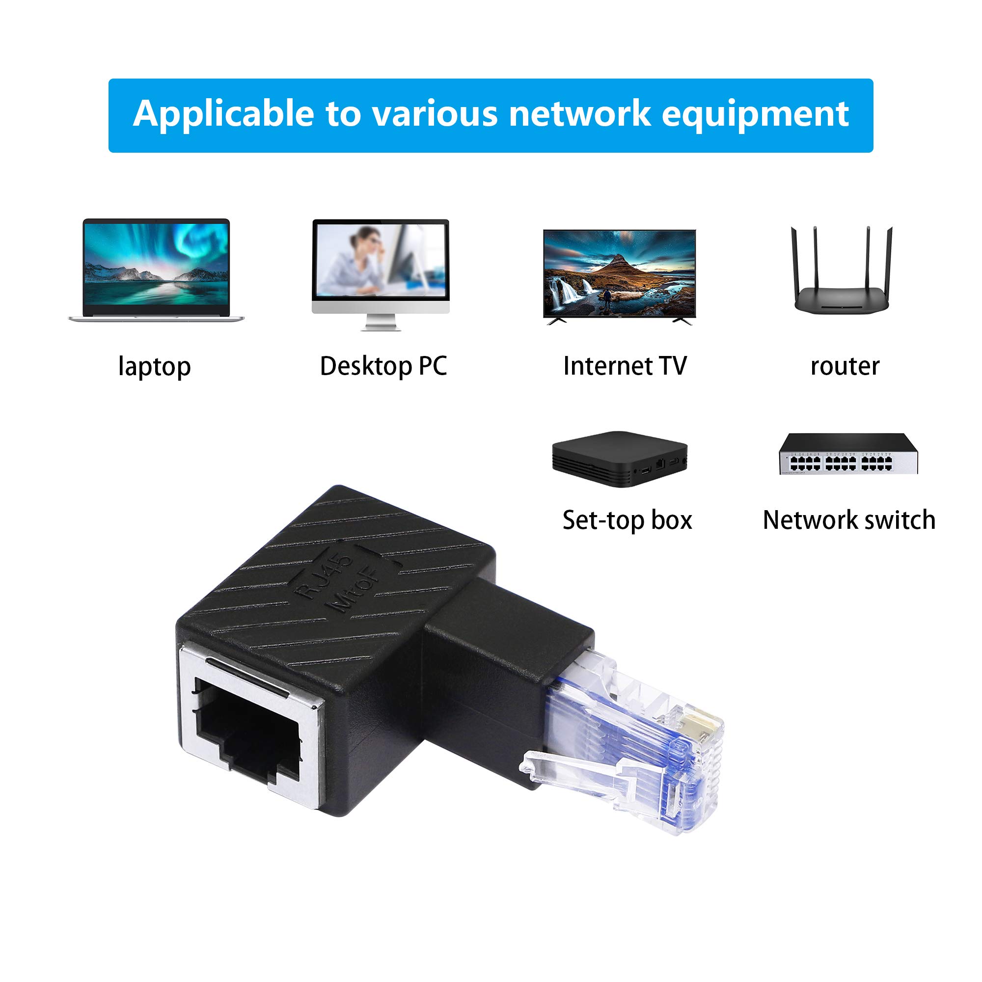 RIIEYOCA 90 Degree Down Angle Ethernet Adapter - 2 Pack RJ45 Male to Female Cat6 LAN Network Extension Connector for Computer, Laptop, Router - Perfect for Tight Spaces & Cable Management in Home Office, Gaming Setup & Server Rooms