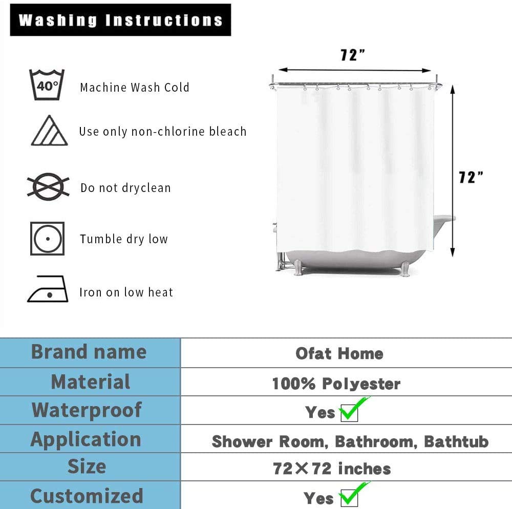 Ofat Home Cute Raindrop Shower Curtain - 72x72 Extra Long Black & White Fabric Bathroom Curtain with Hooks - Waterproof & Stylish for Modern Bathroom Decor (Bathroom, Hotel, Dorm, Apartment)