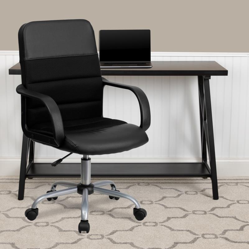 FLASH Manor Mid Back Black Leather and Mesh Swivel Task Office Chair with Arms - Ergonomic Desk Chair for Home Office, Gaming & Workspace Comfort